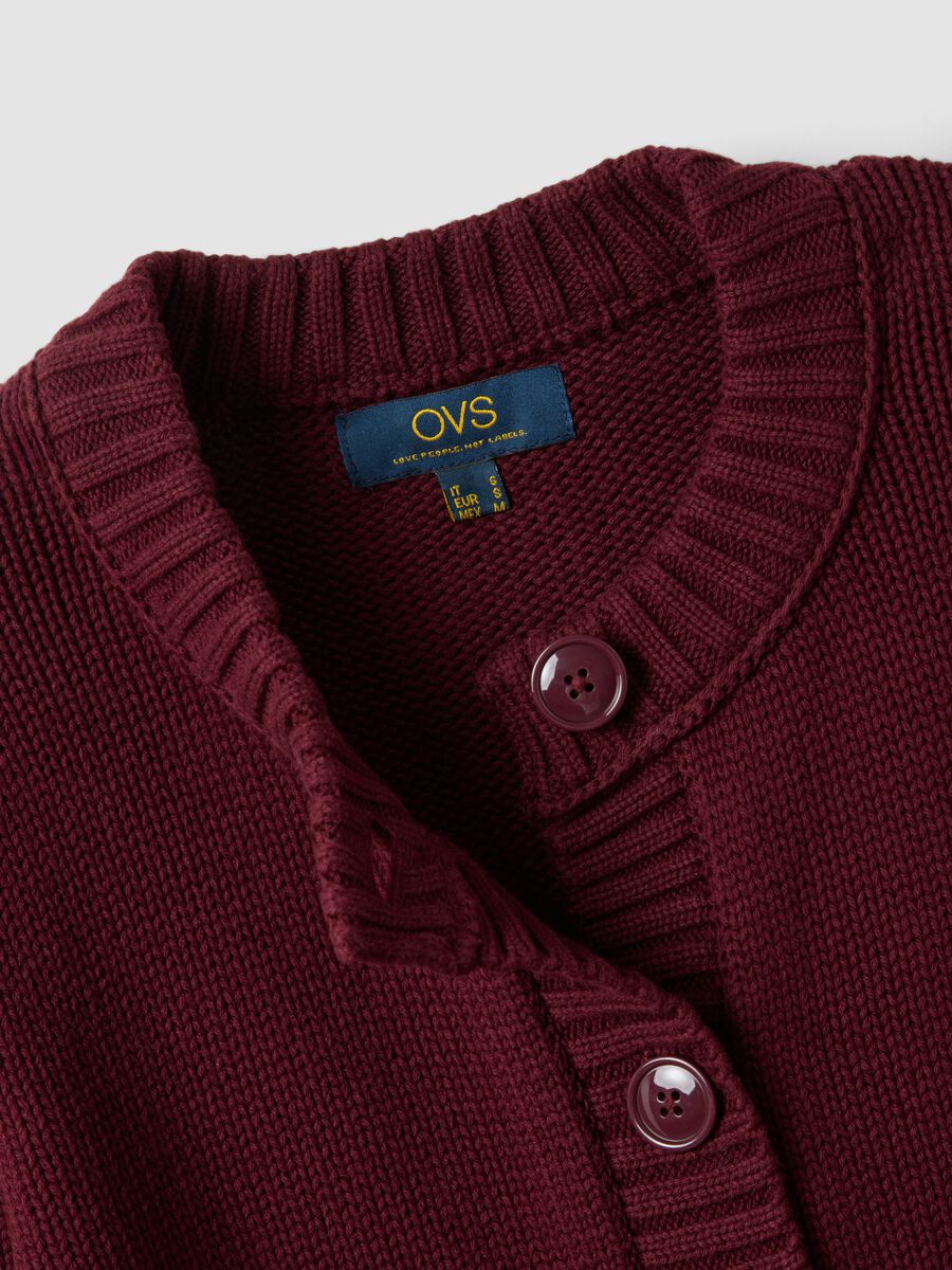 Burgundy pure cotton crew-neck cardigan with buttons, regular fit_5