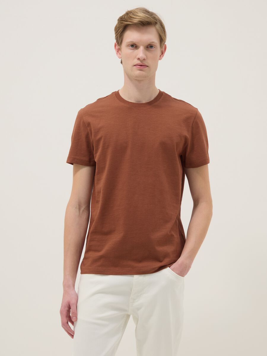 Brown short-sleeve pure cotton regular fit T-shirt_0