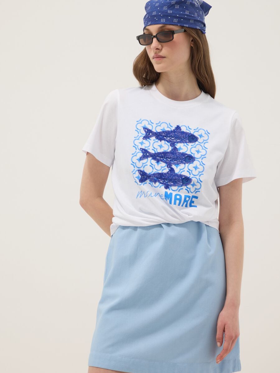 White 100% cotton T-shirt with front print_0