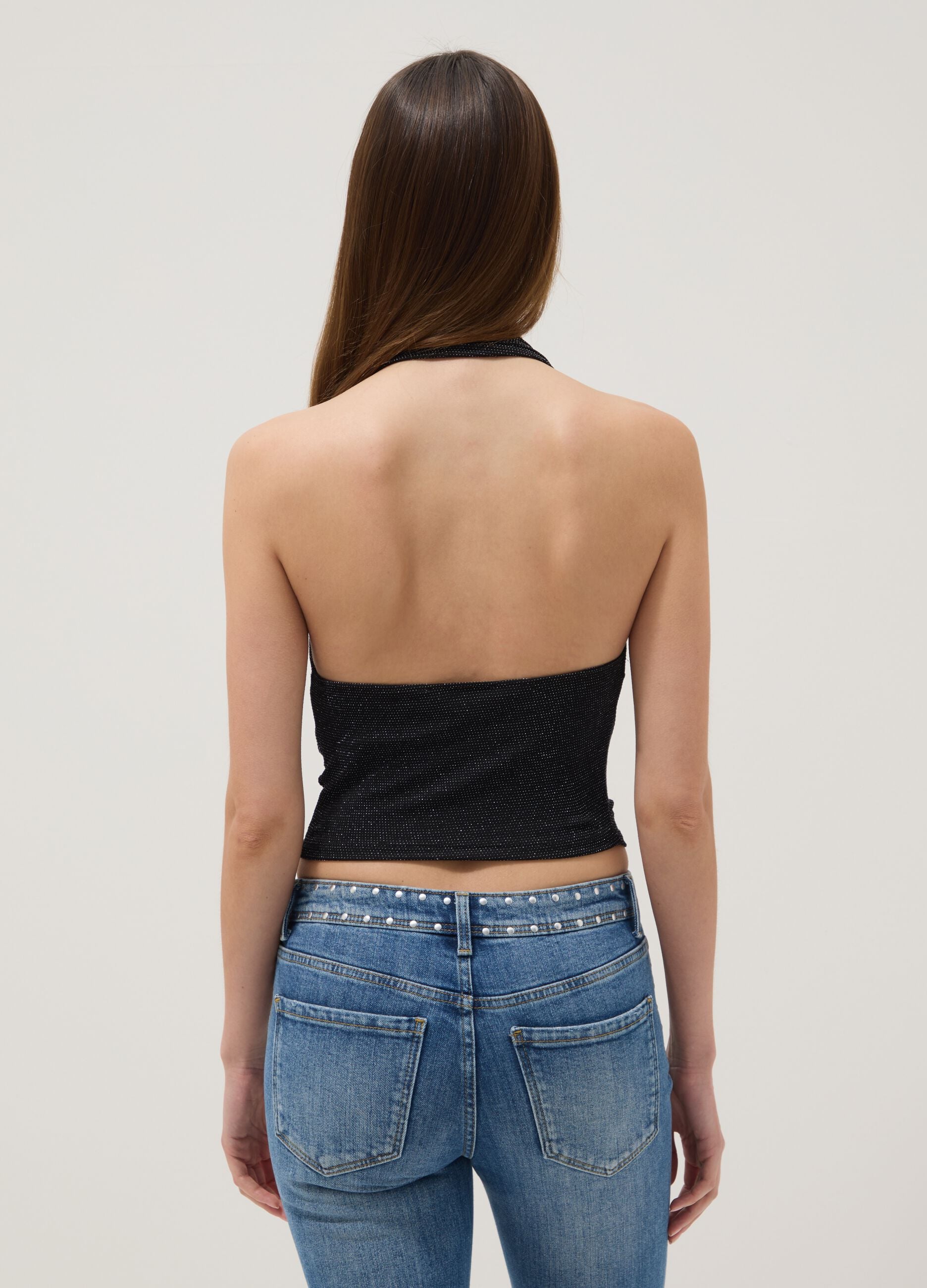 Black halterneck top in stretch fabric, regular fit