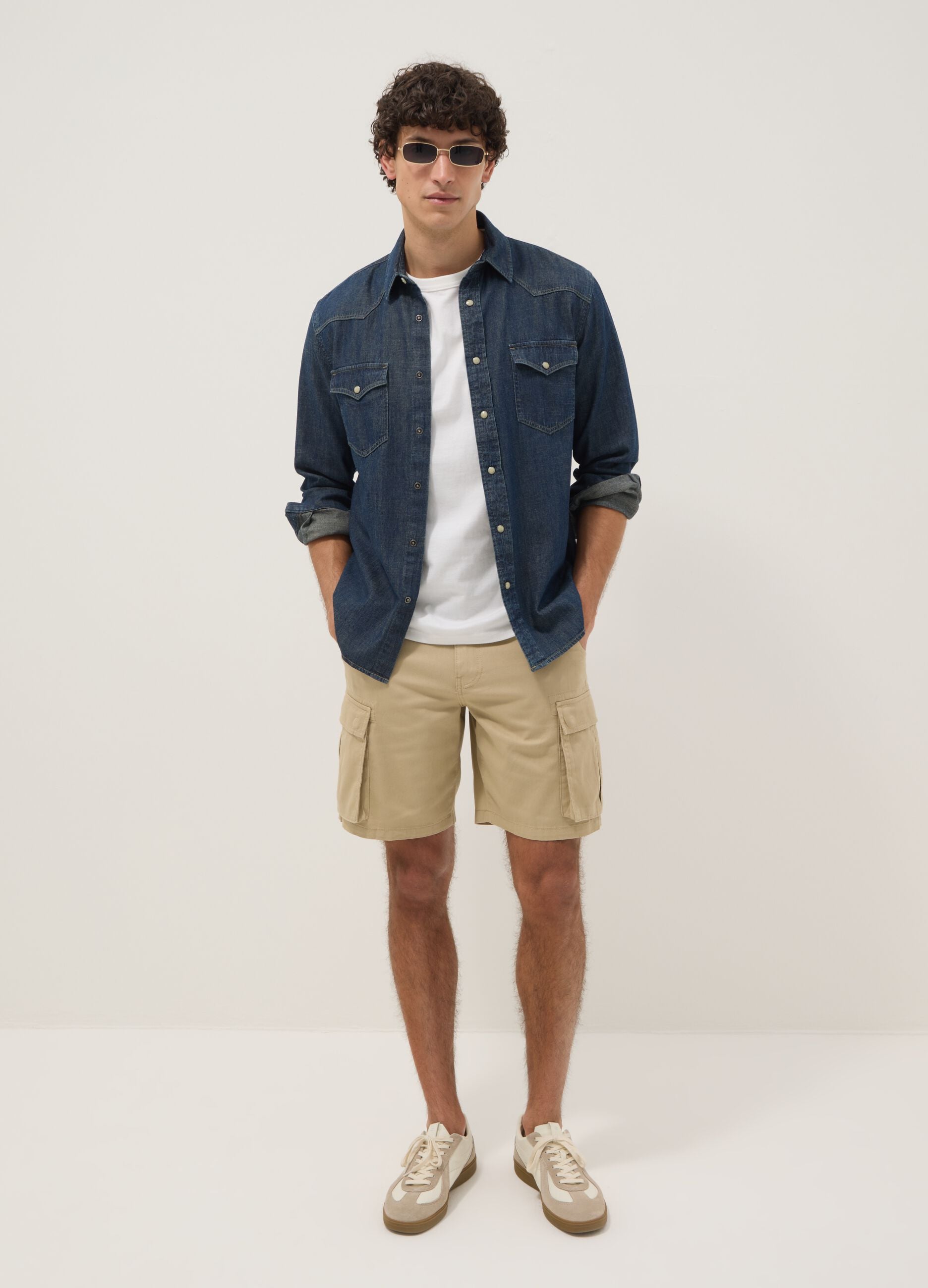 Beige pure cotton cargo shorts, regular fit