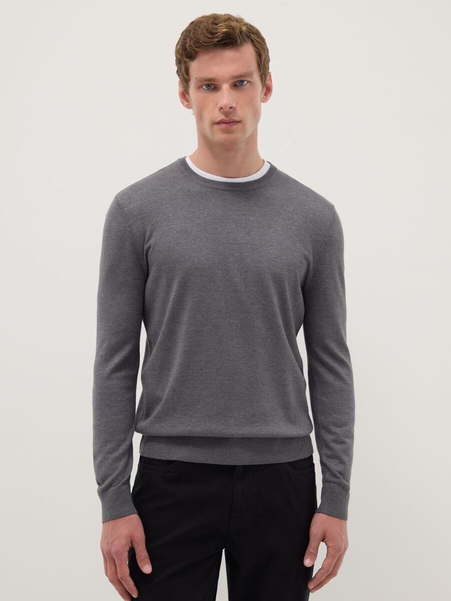 Grey crew neck cotton blend jumper regular fit_0
