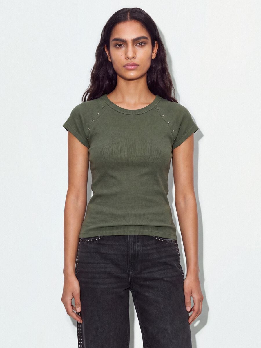 Green fitted ribbed stretch-cotton T-shirt with studs_0