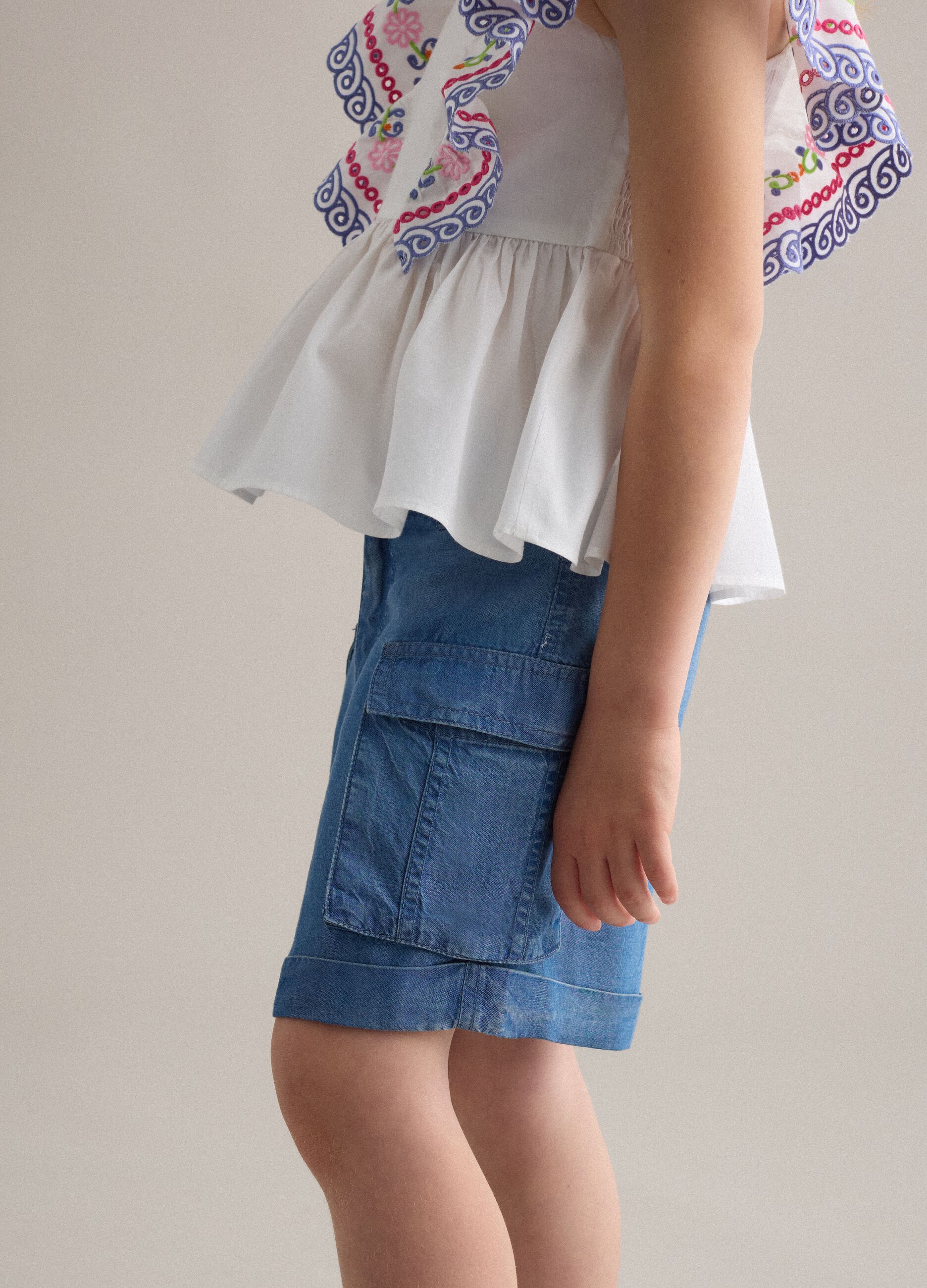 Blue pure lyocell cargo shorts for girls, regular fit