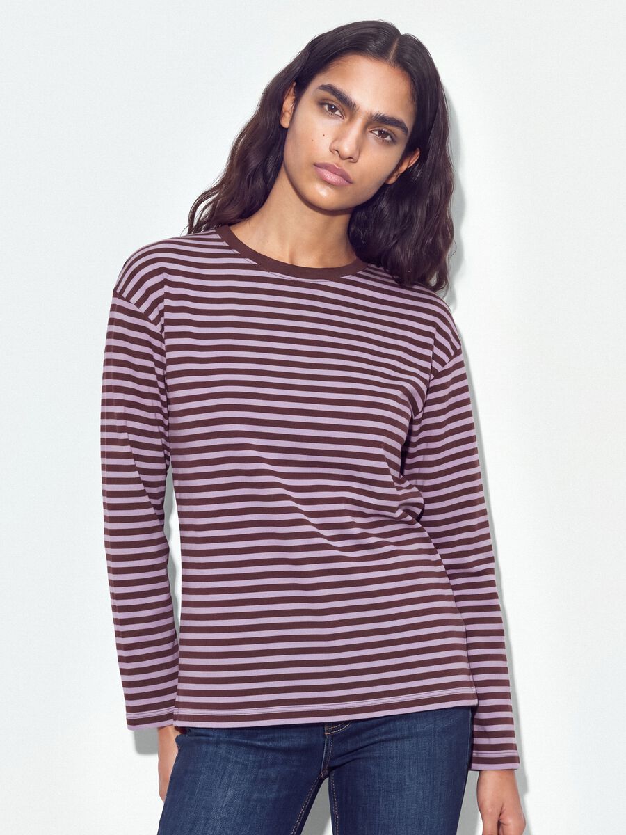 Purple striped pure cotton relaxed-fit crew-neck T-shirt_0