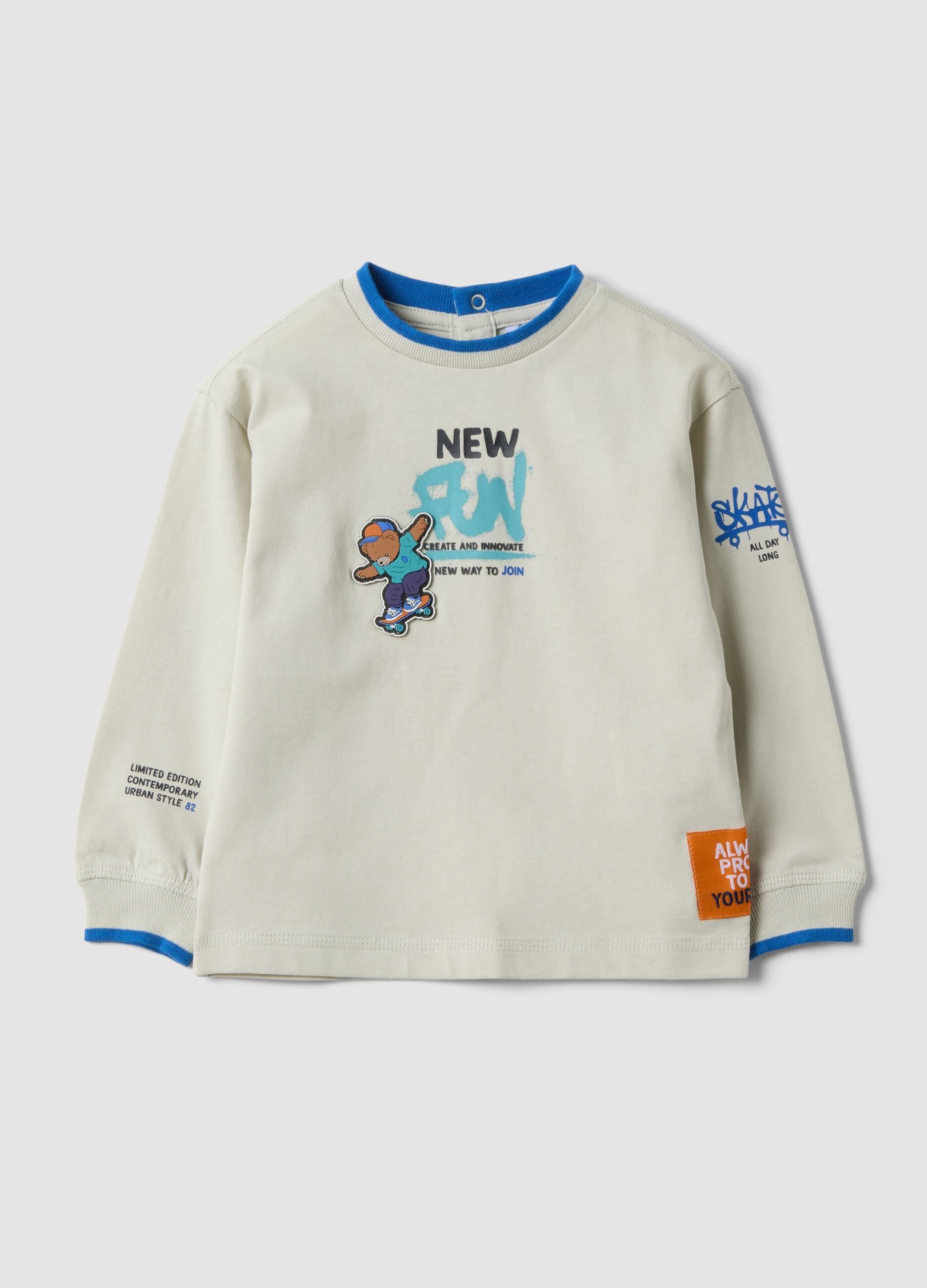 Boys' long-sleeved pure cotton printed T-shirt in white, oversized fit
