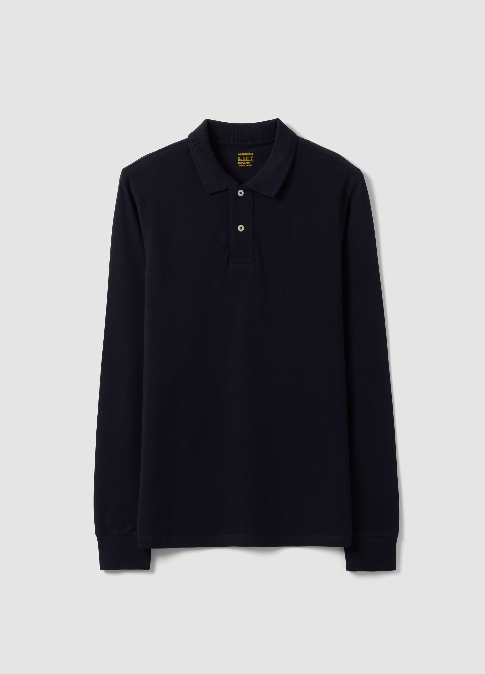 Blue long-sleeved regular-fit polo shirt in pure organic cotton piqu&eacute;
