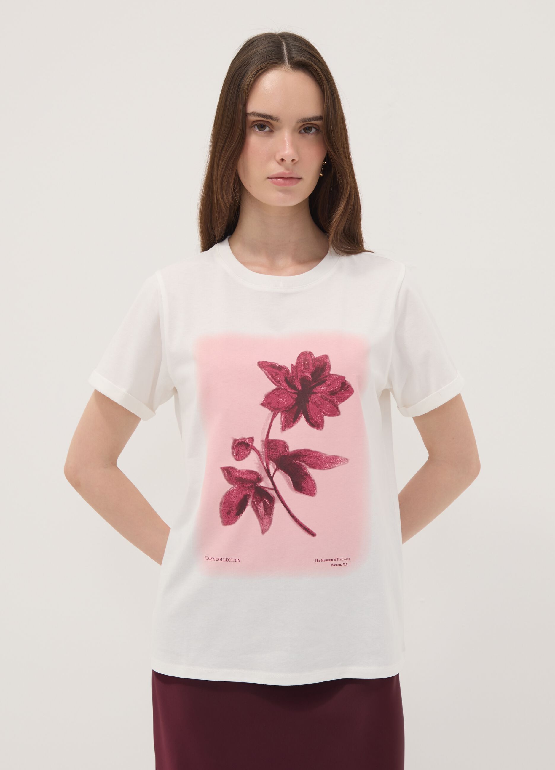 White pure cotton crew-neck T-shirt with floral print, regular fit
