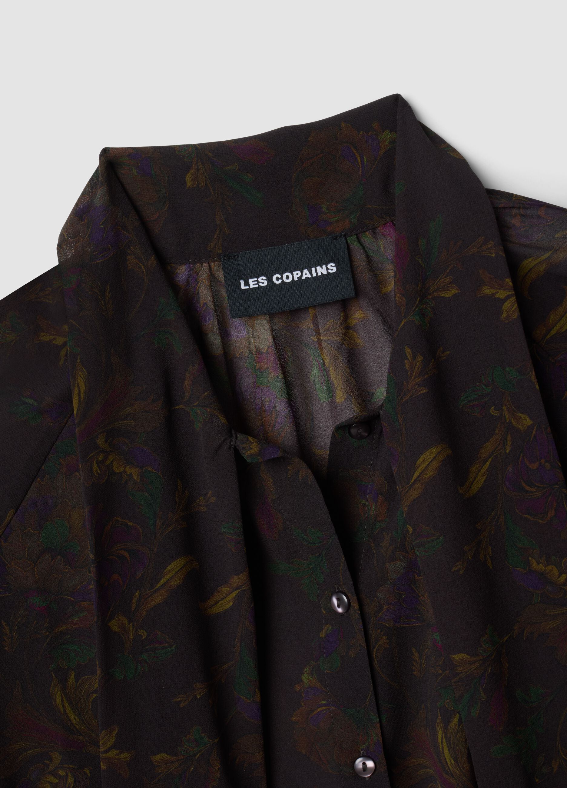 Black floral-print shirt with neck bow