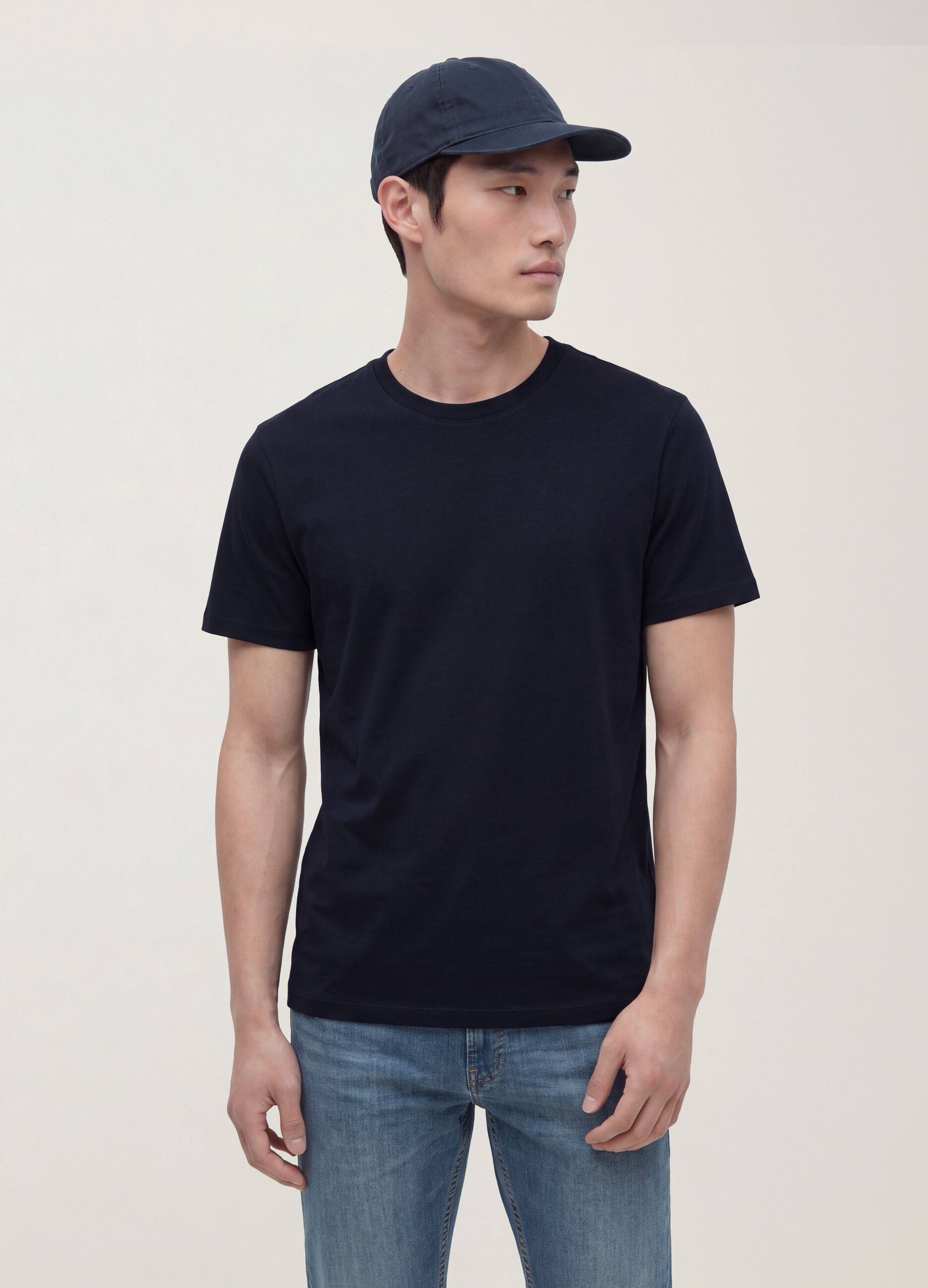 Black mercerised pure cotton regular-fit crew-neck T-shirt
