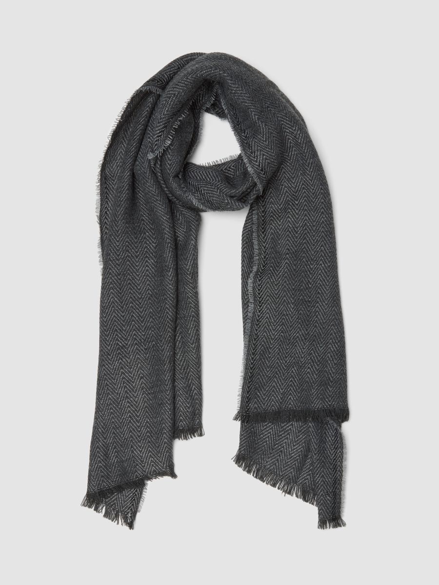 Grey herringbone scarf with fringed ends_0