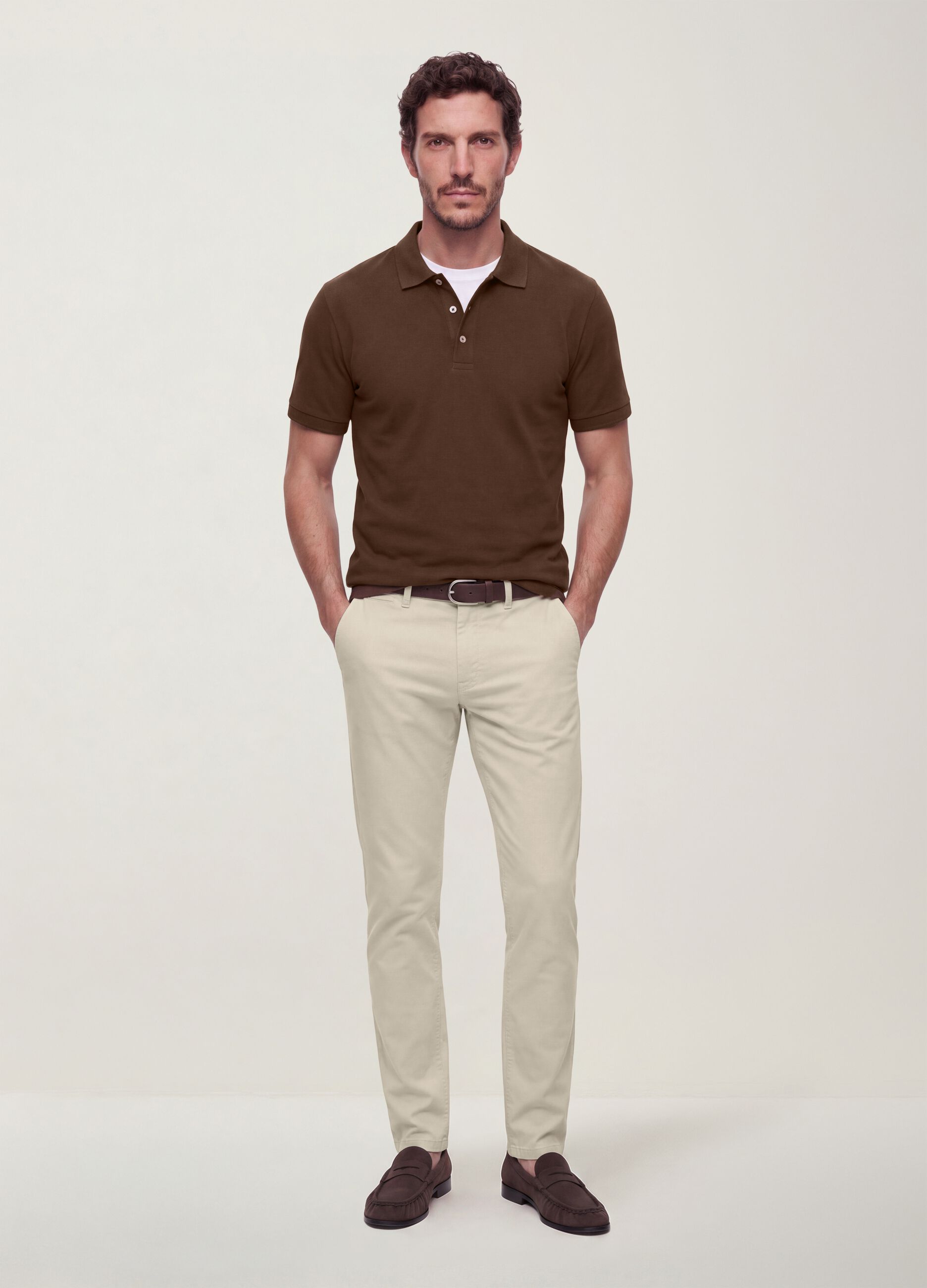 Beige slim-fit stretch cotton twill trousers