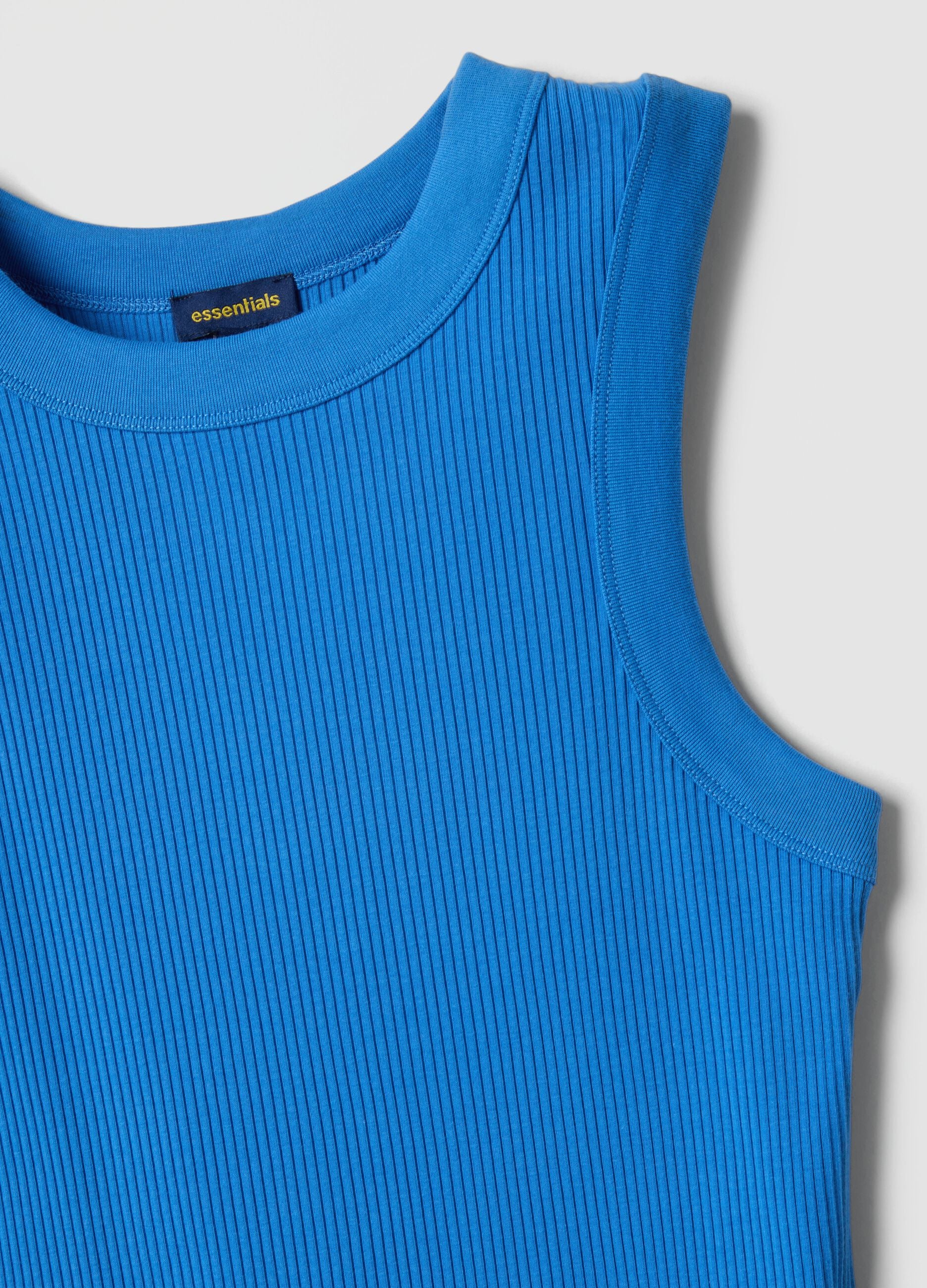 Blue fitted ribbed stretch-cotton tank top