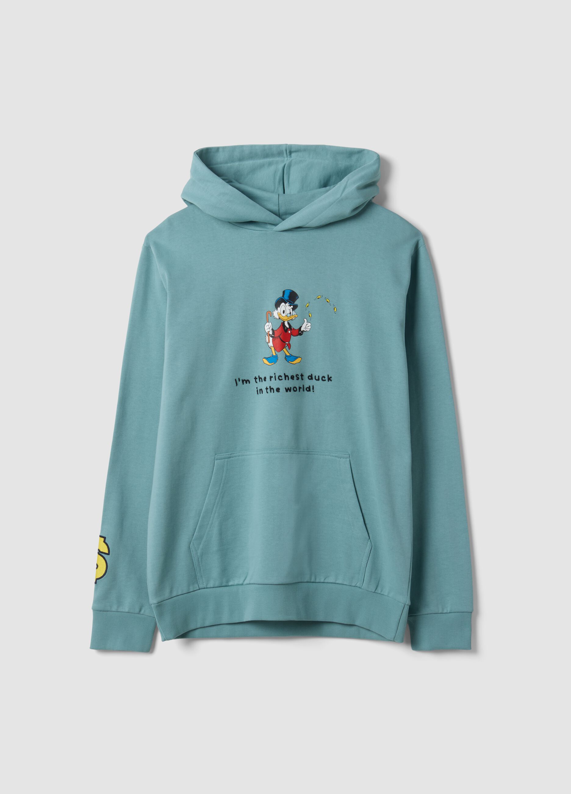 Green pure cotton hoodie with Scrooge McDuck print