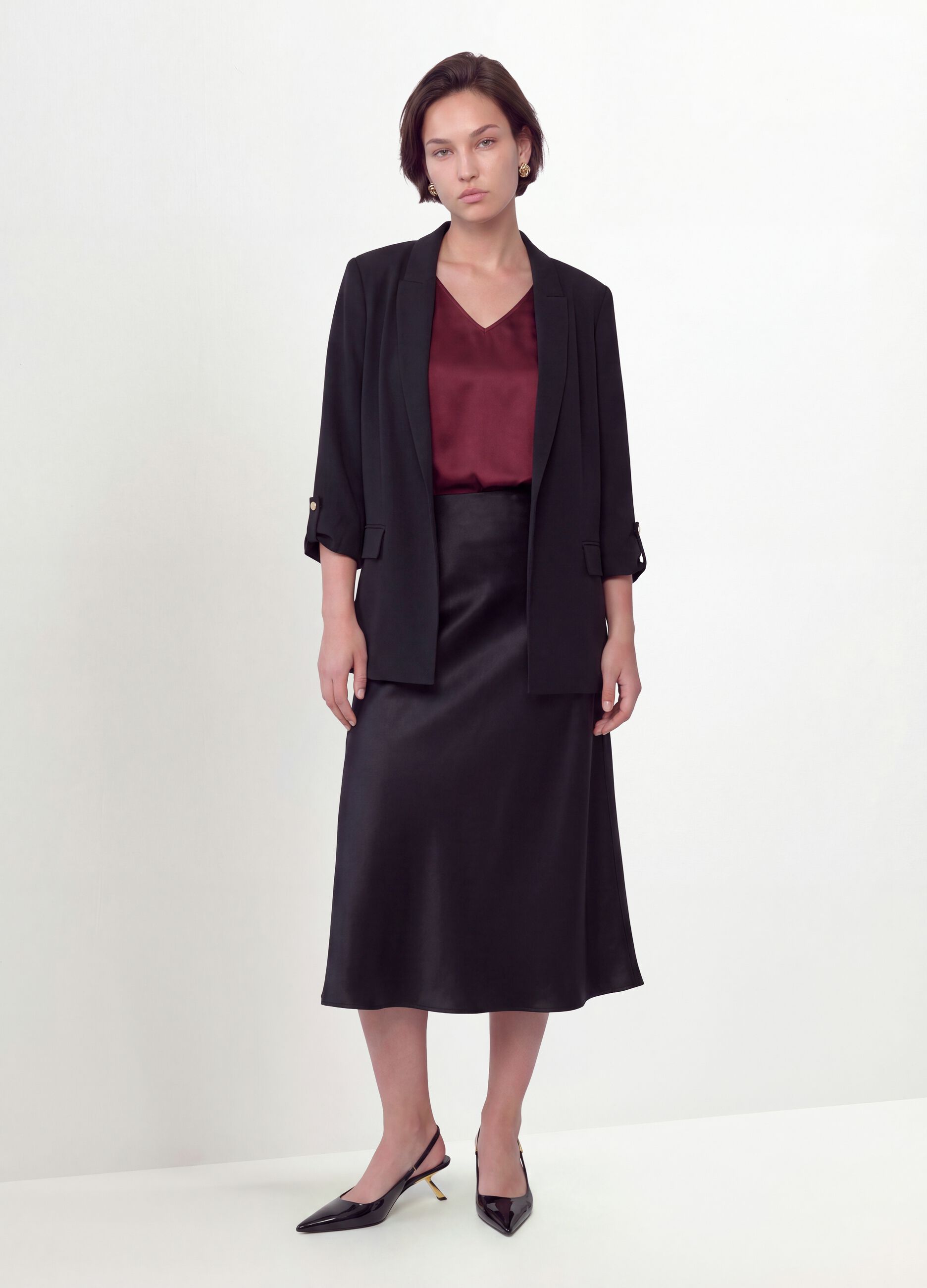 Black satin midi skirt in stretch fabric