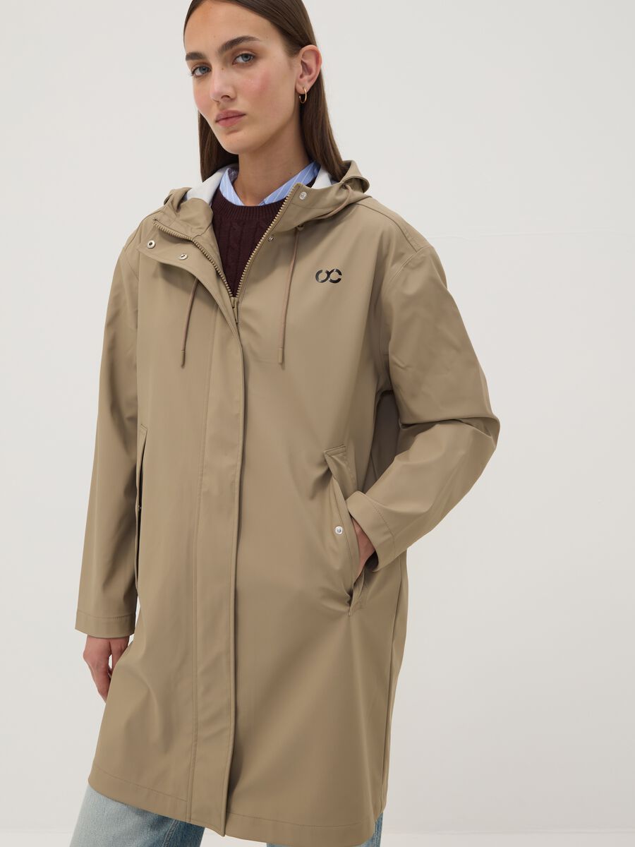 Beige long hooded jacket with zip_2