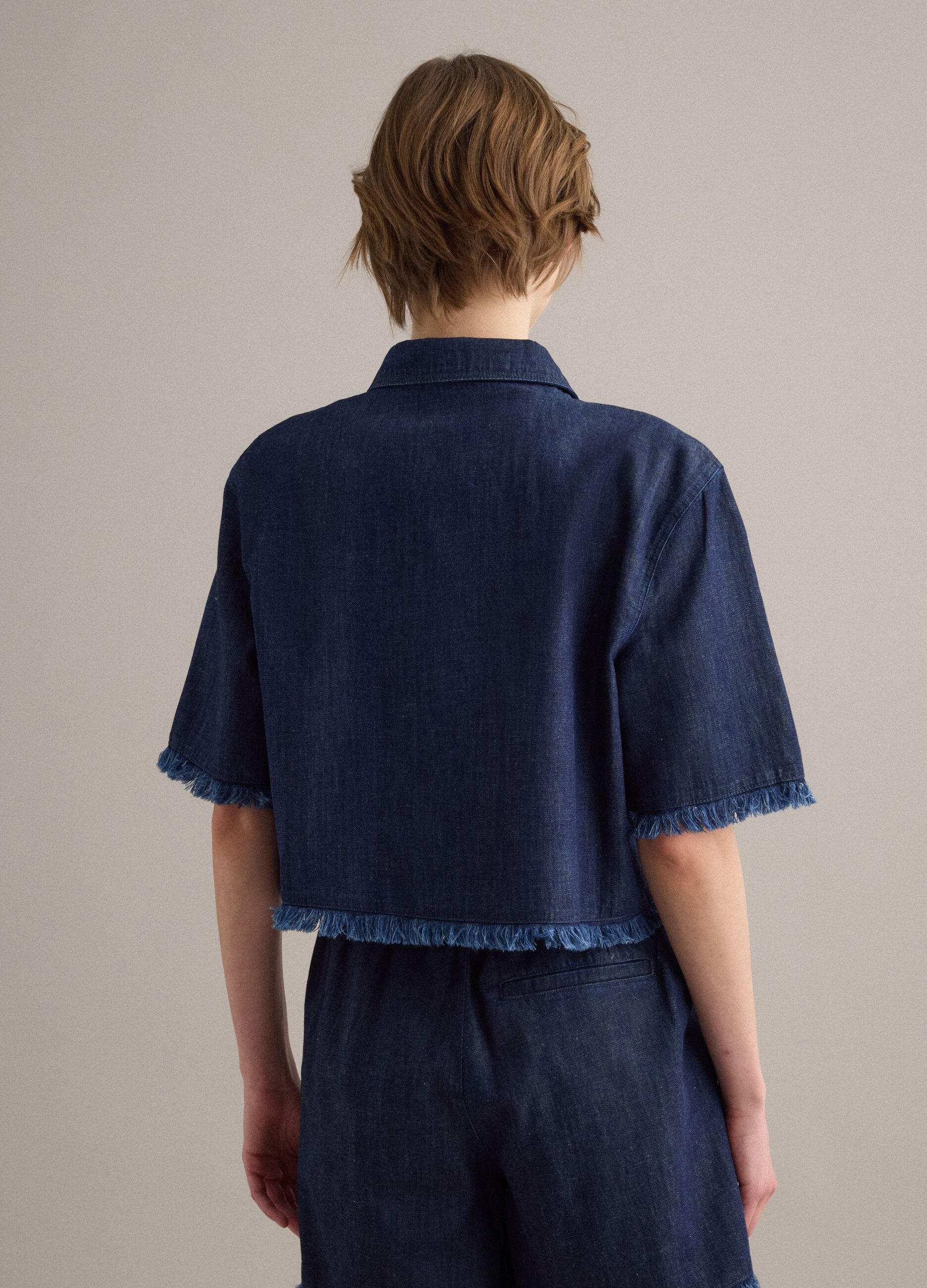 Blue denim shirt in cotton blend, oversized fit with frayed hem