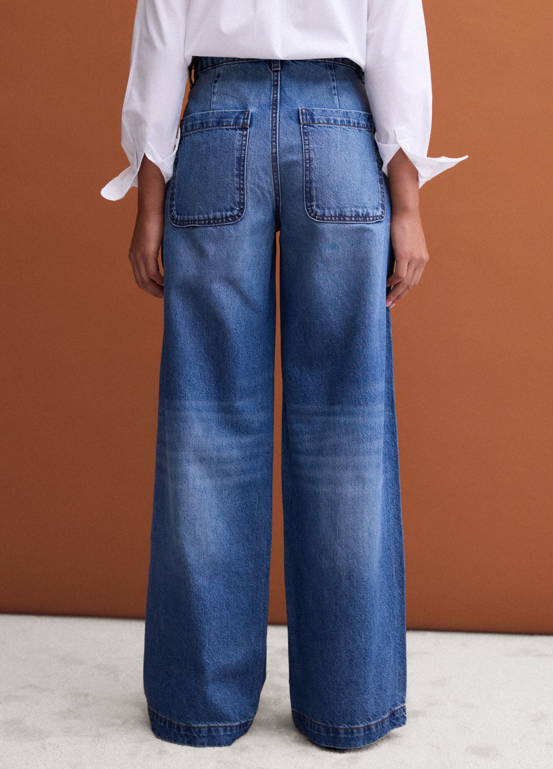 Blue denim wide-leg jeans in pure cotton