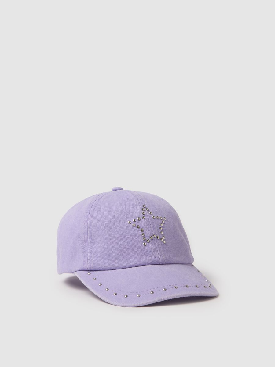 Cappello con visiera in puro cotone viola da bambina con stelle e strass_0