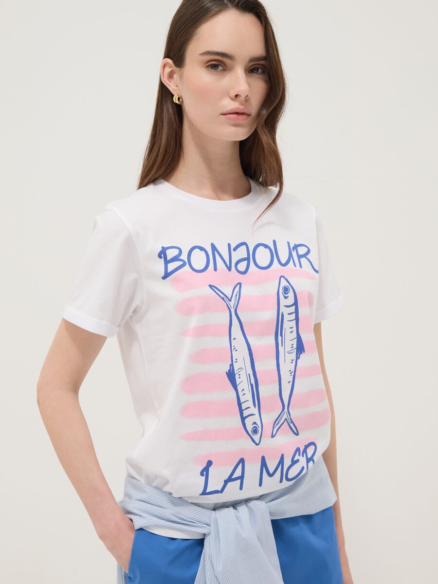 White pure cotton T-shirt with front print, regular fit_0