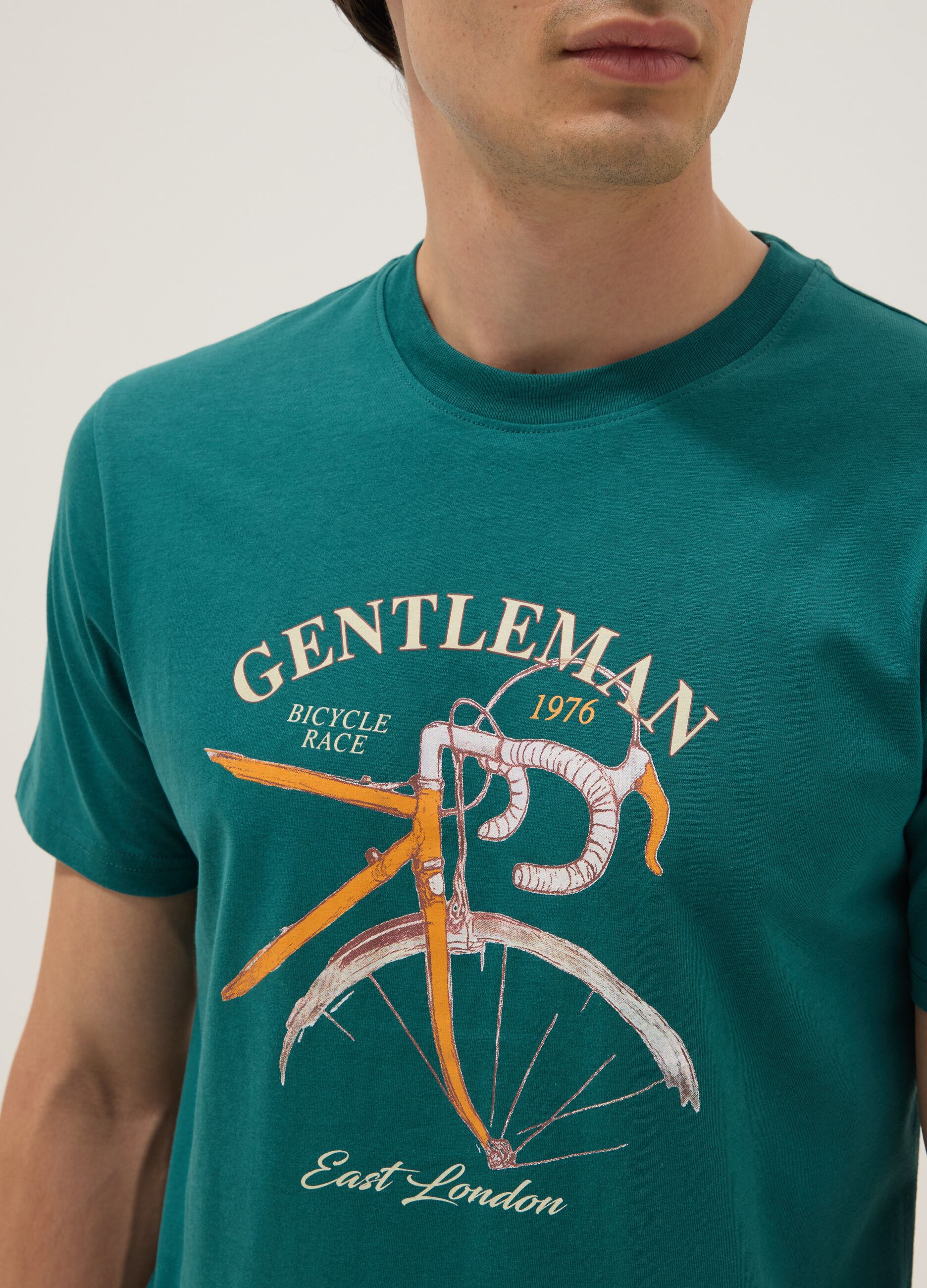 Green short-sleeve pure cotton T-shirt, regular fit