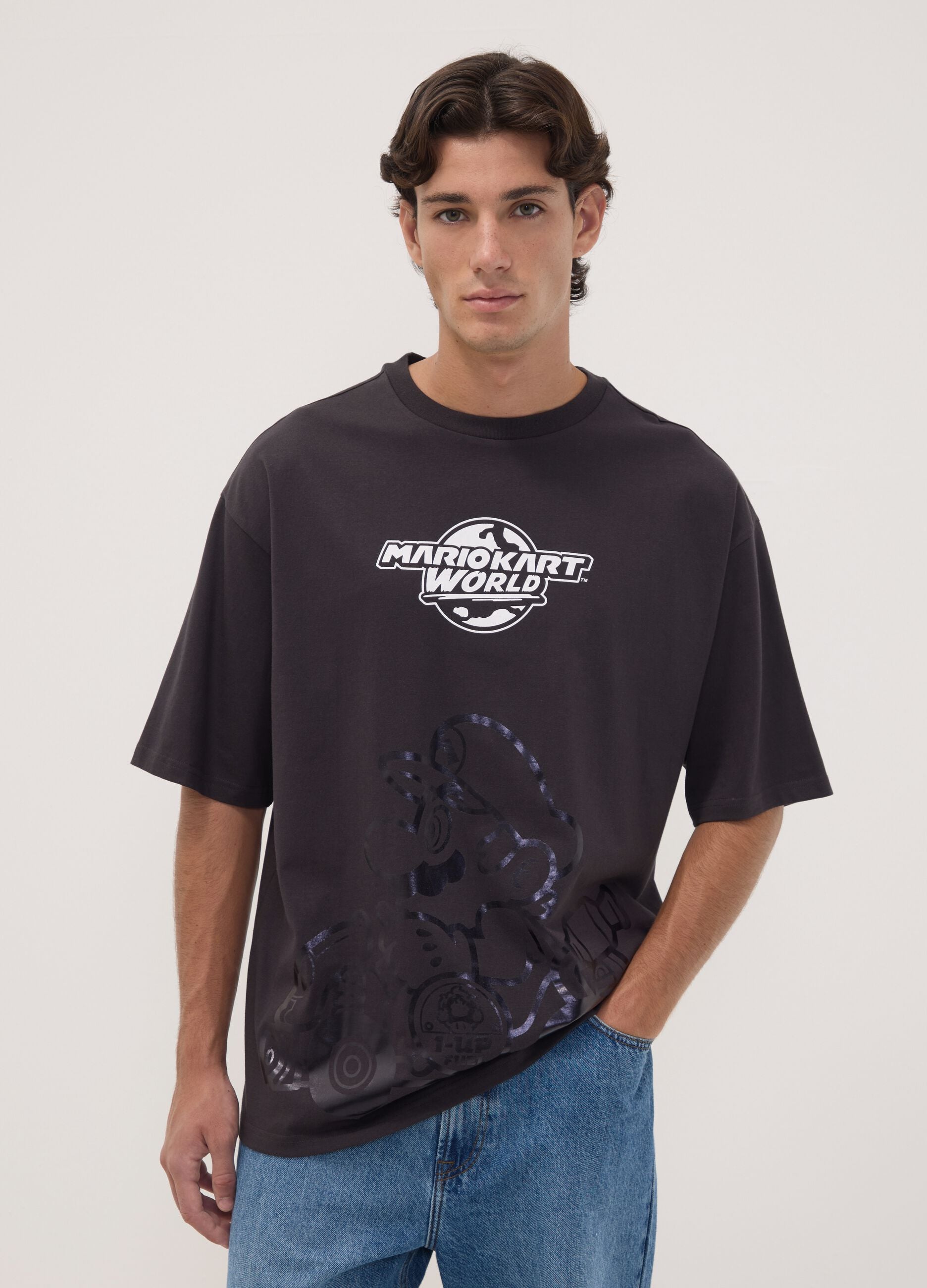 Black pure cotton T-shirt with Mario Kart print