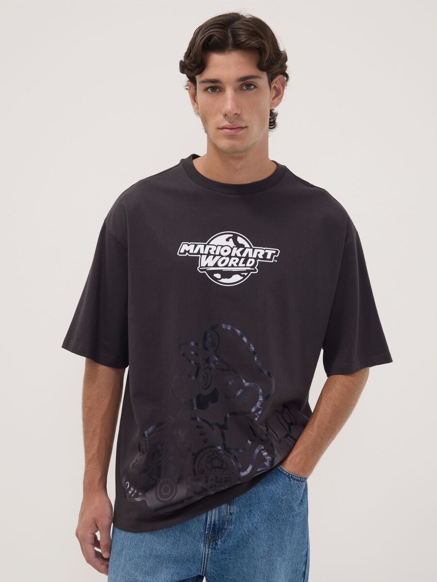 Black pure cotton T-shirt with Mario Kart print_0