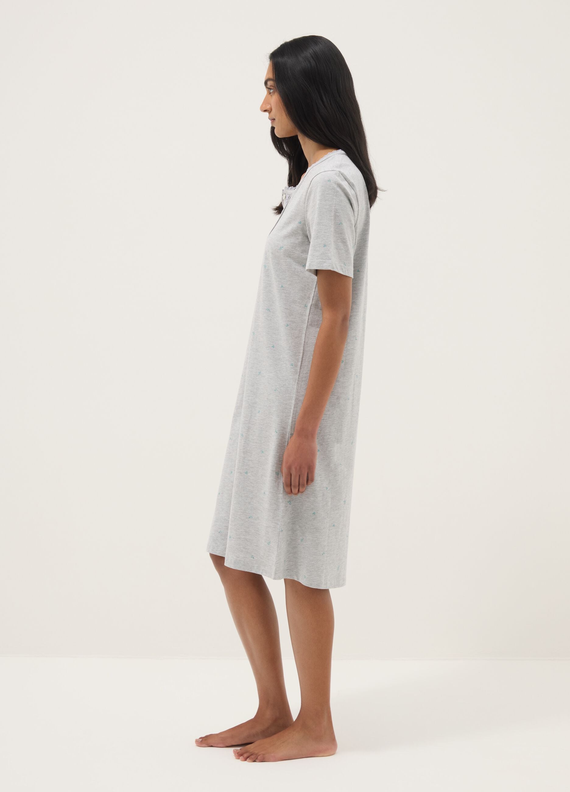 Grey organic cotton blend nightdress with buttons and embroidery