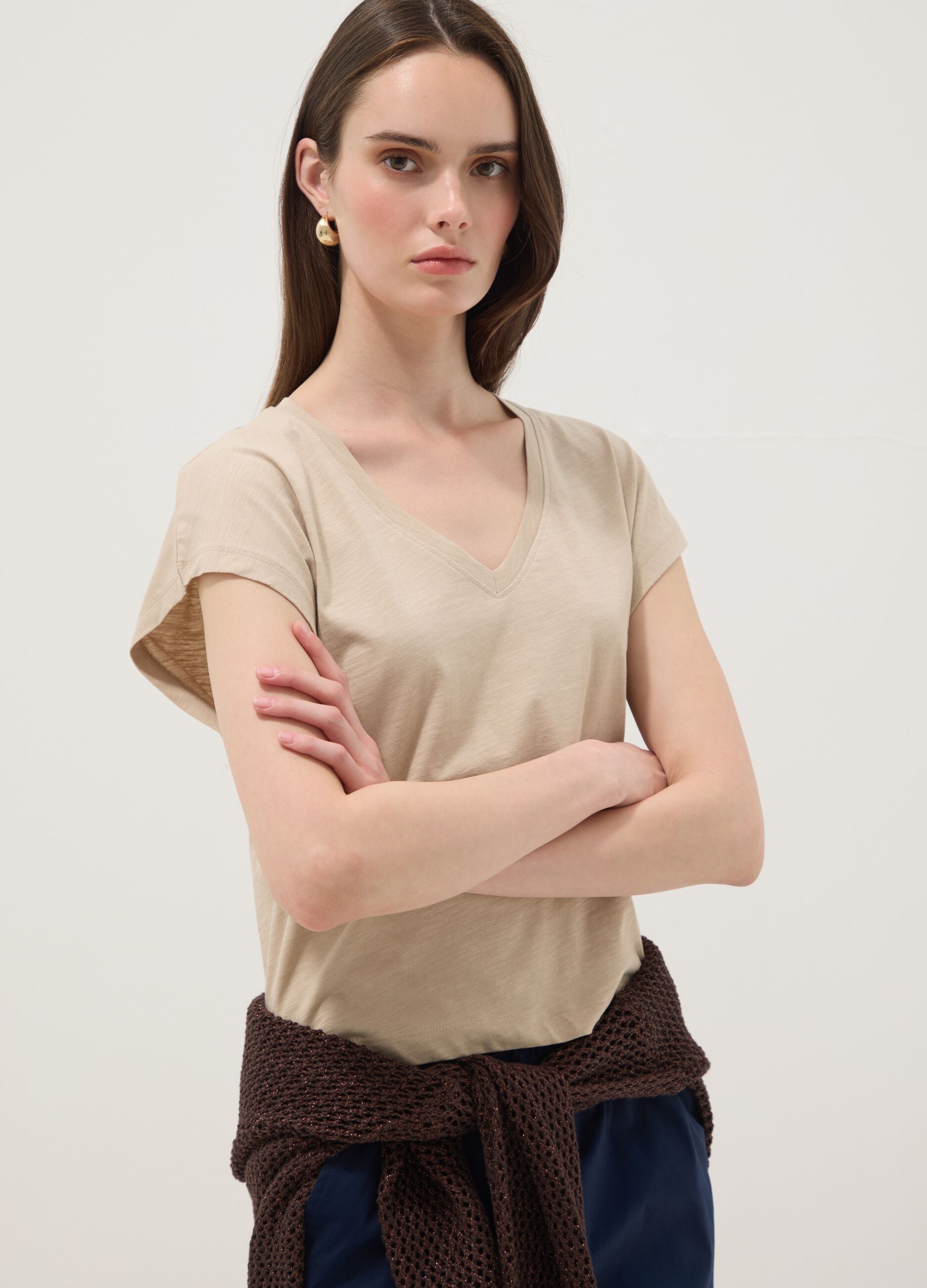 Beige pure cotton V-neck T-shirt