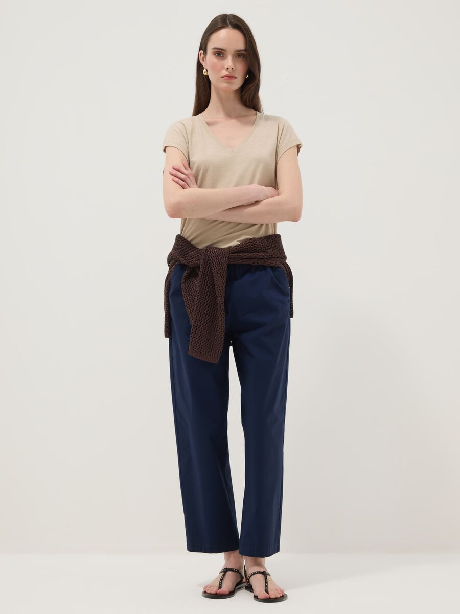 Beige pure cotton V-neck T-shirt_2