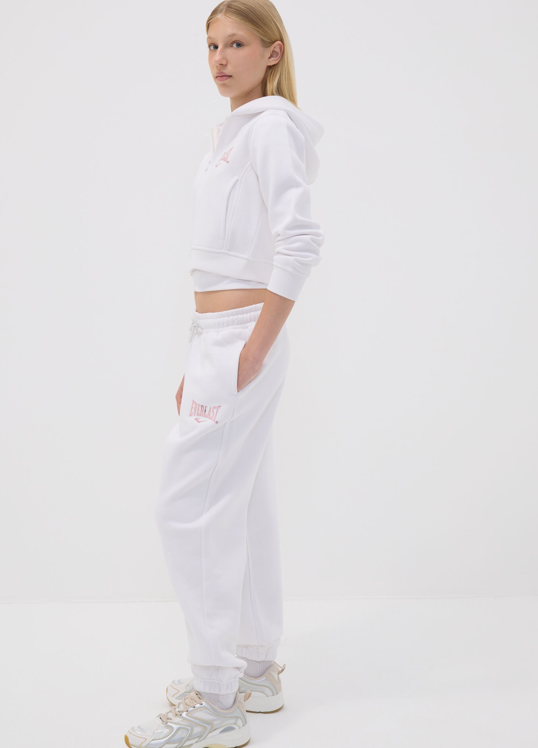 White cotton-blend girls&rsquo; joggers, regular fit