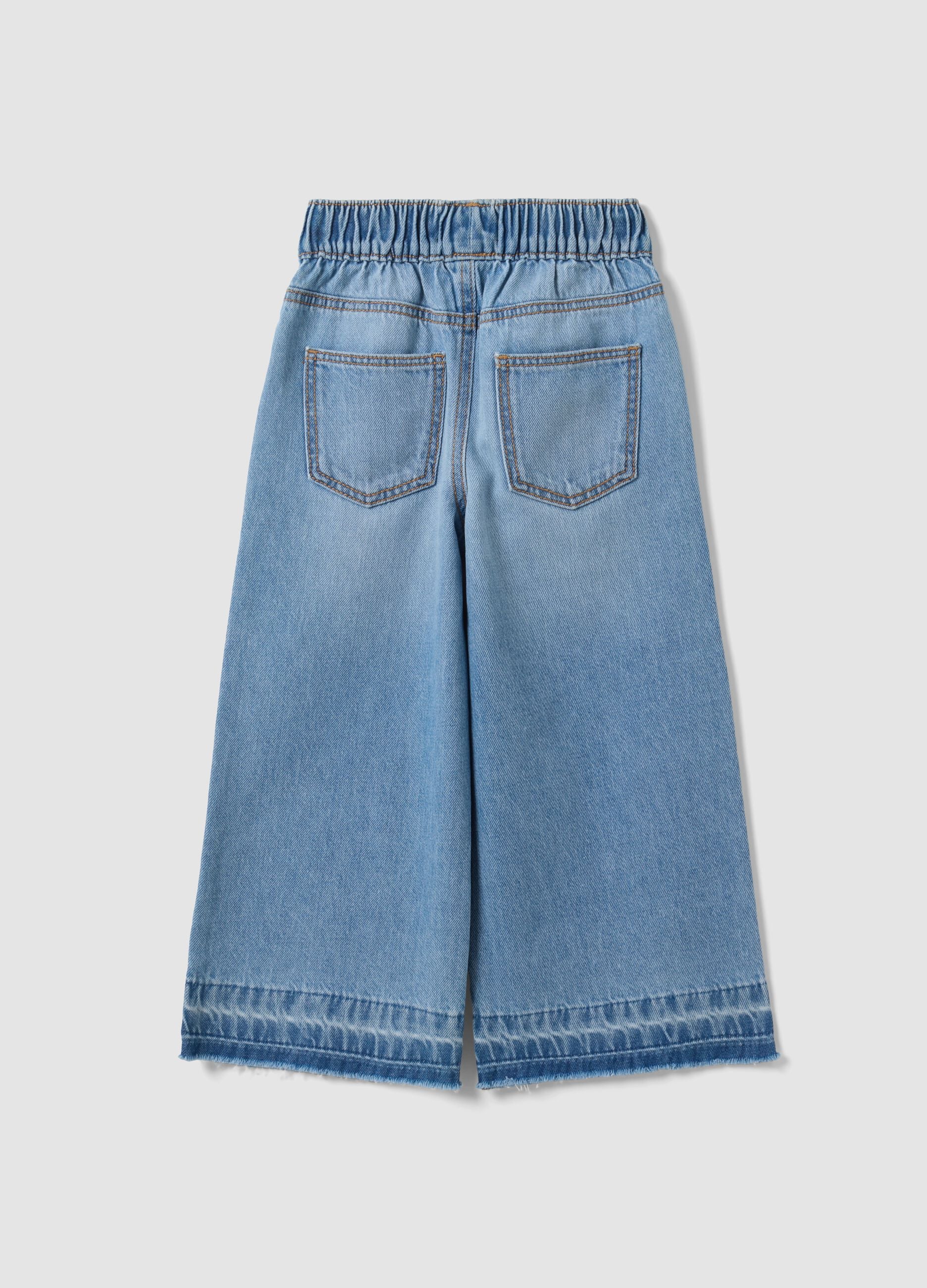 Light Blue Wide-Leg 100% Cotton Jeans with Elasticated Waistband for Girls