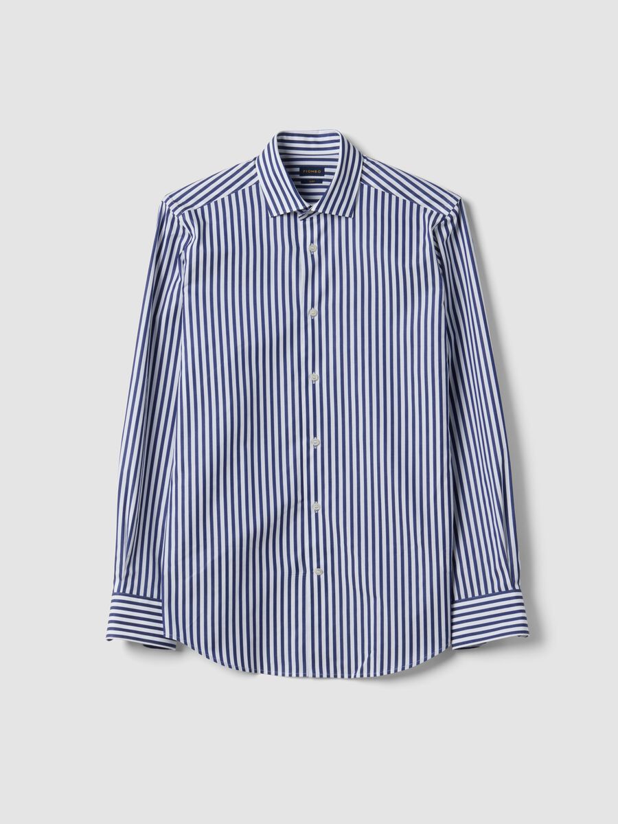Camicia blu a righe in puro cotone_0