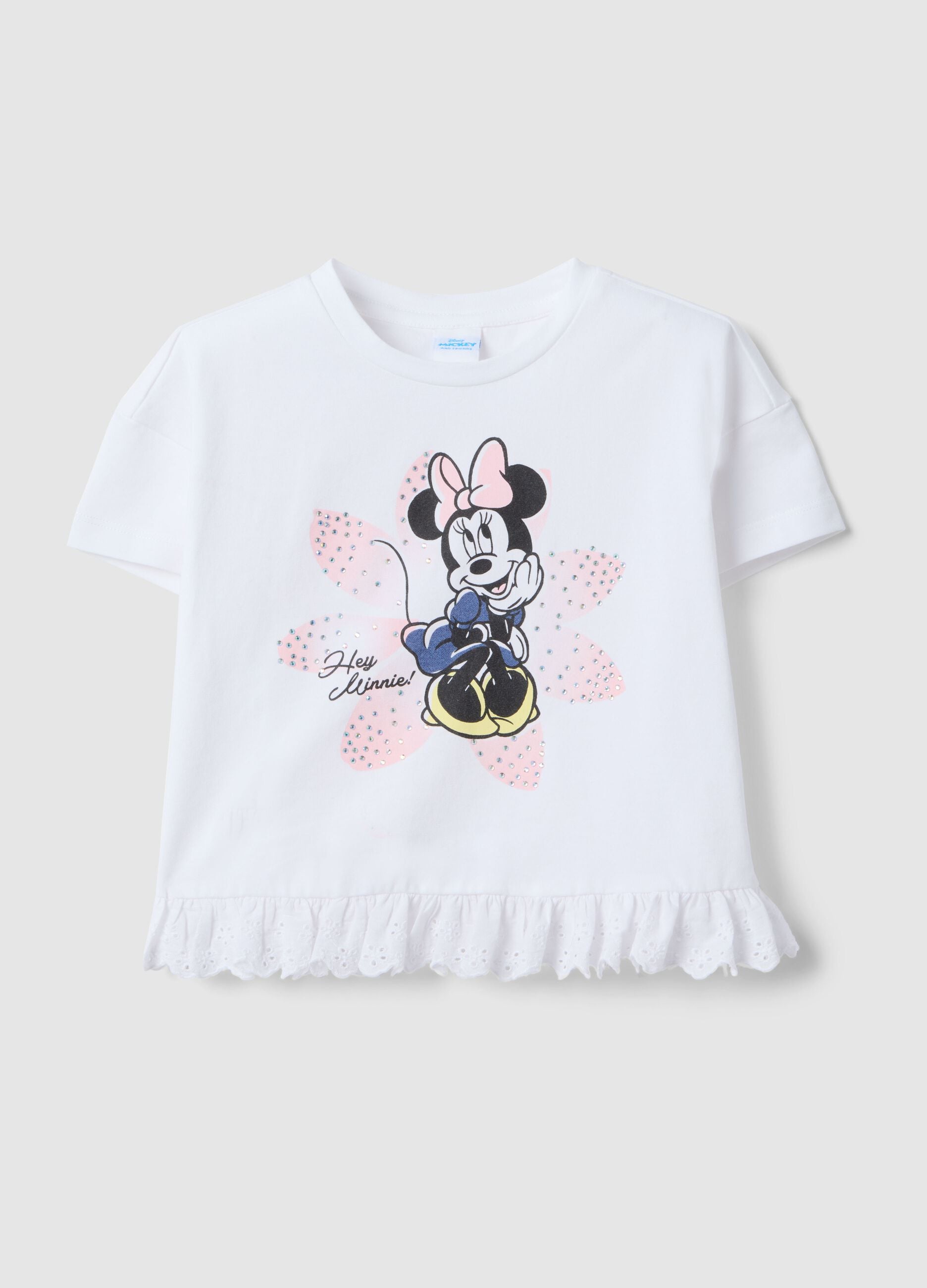 Girl's white stretchy cotton T-shirt featuring Minnie