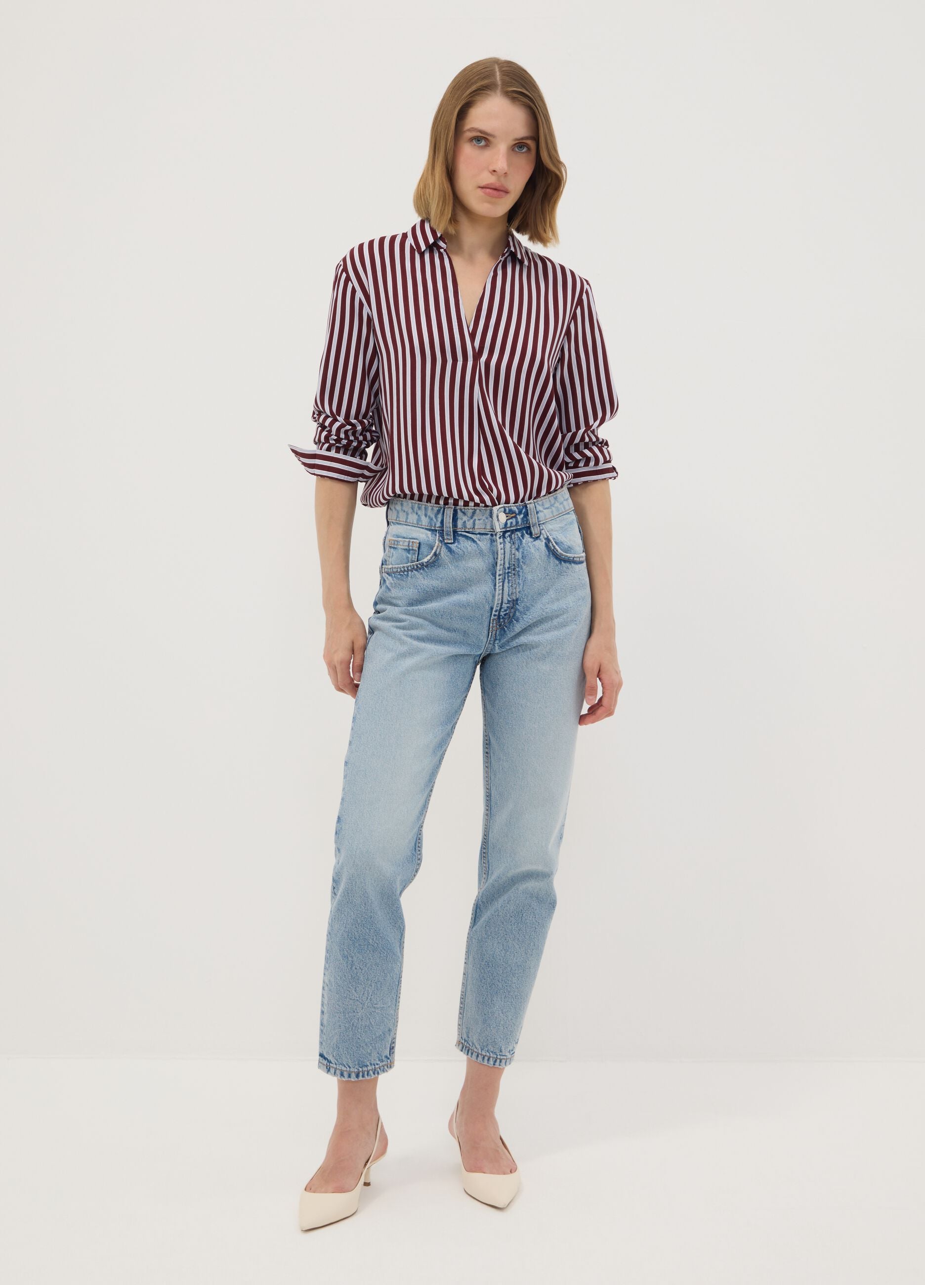 Red striped pure viscose shirt with classic collar, regular fit