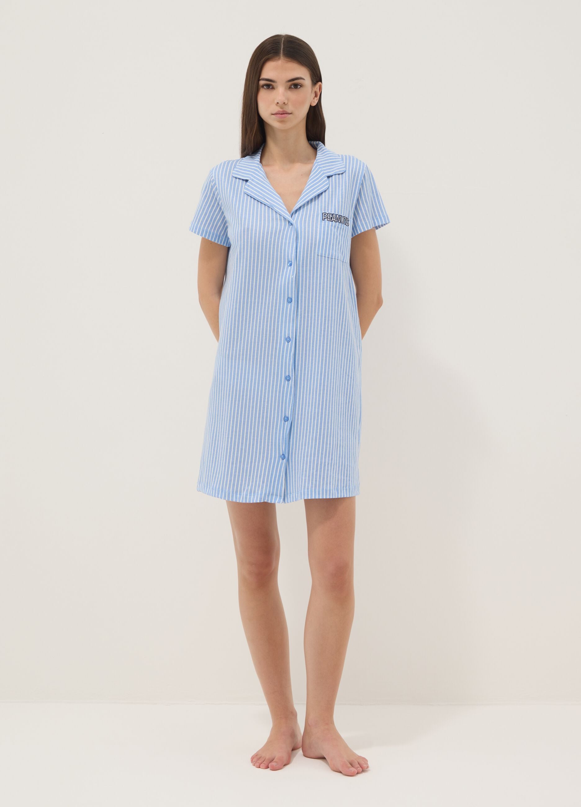 Blue striped pure cotton nightshirt with V-neck