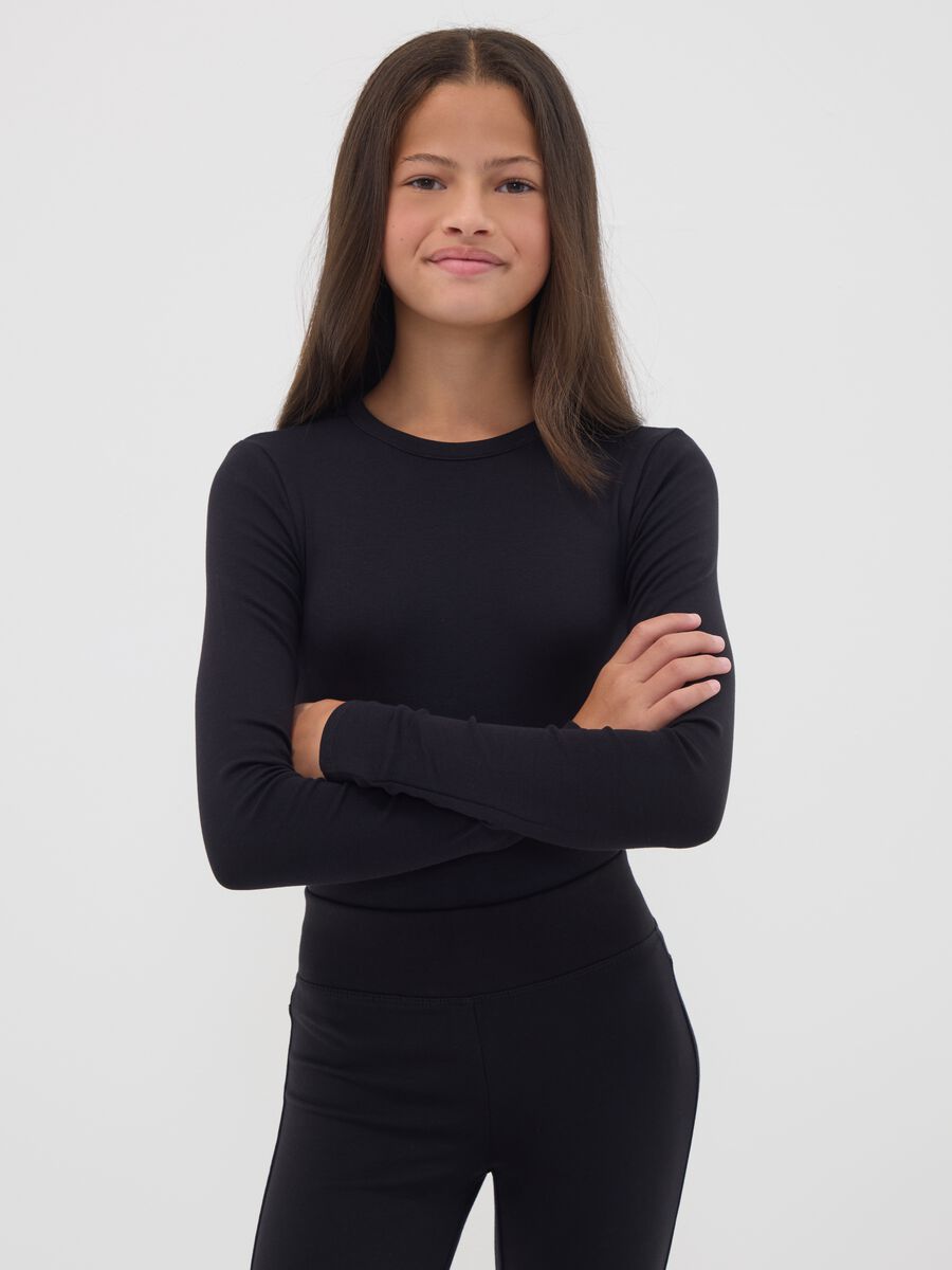 Black fitted stretch-cotton bodysuit with crew neck_0