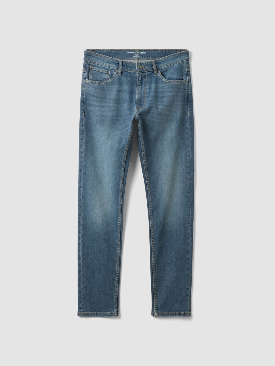 Mid-wash slim-fit stretch cotton jeans_0