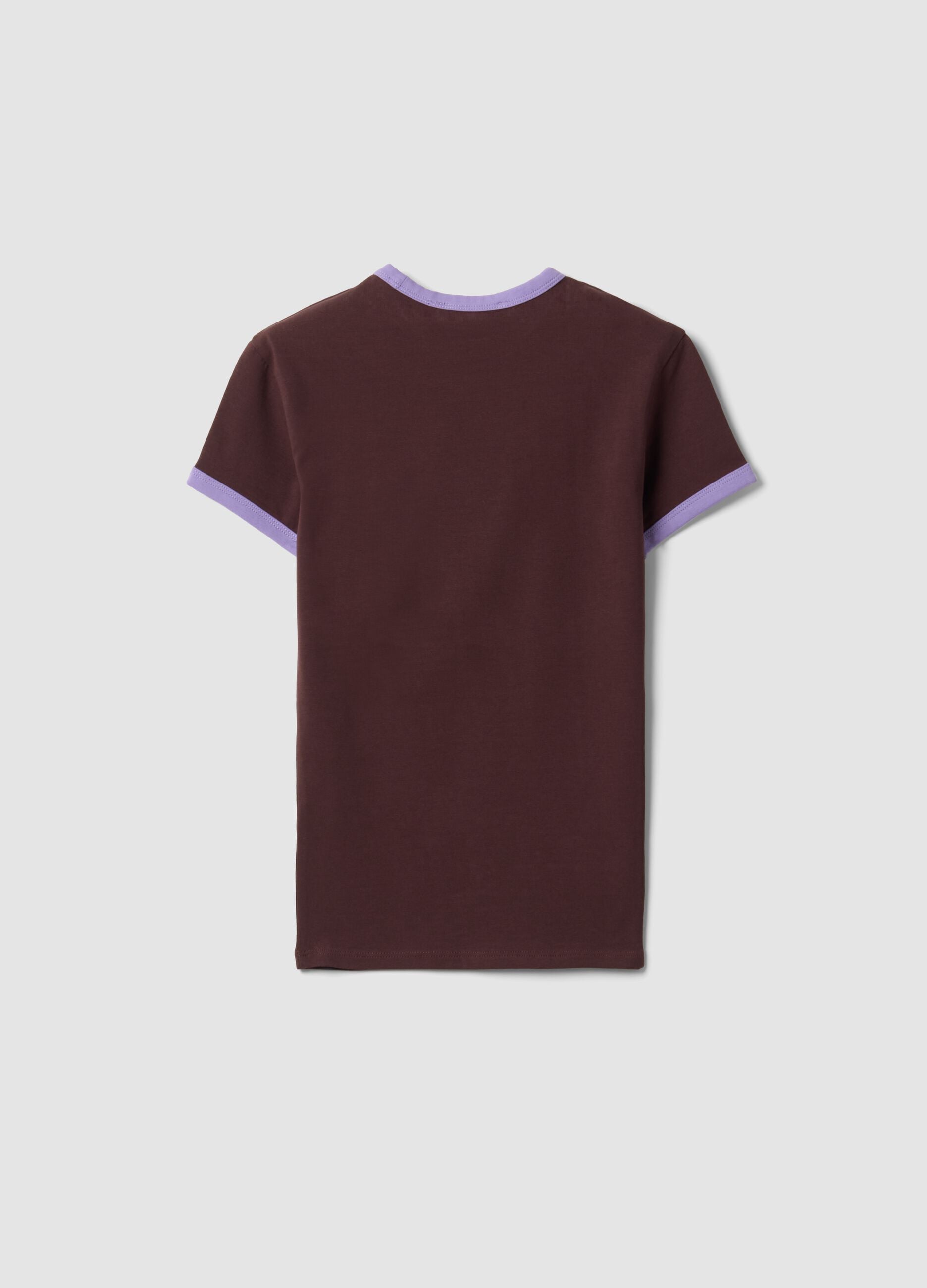 Brown fitted stretch-cotton T-shirt with contrast trims