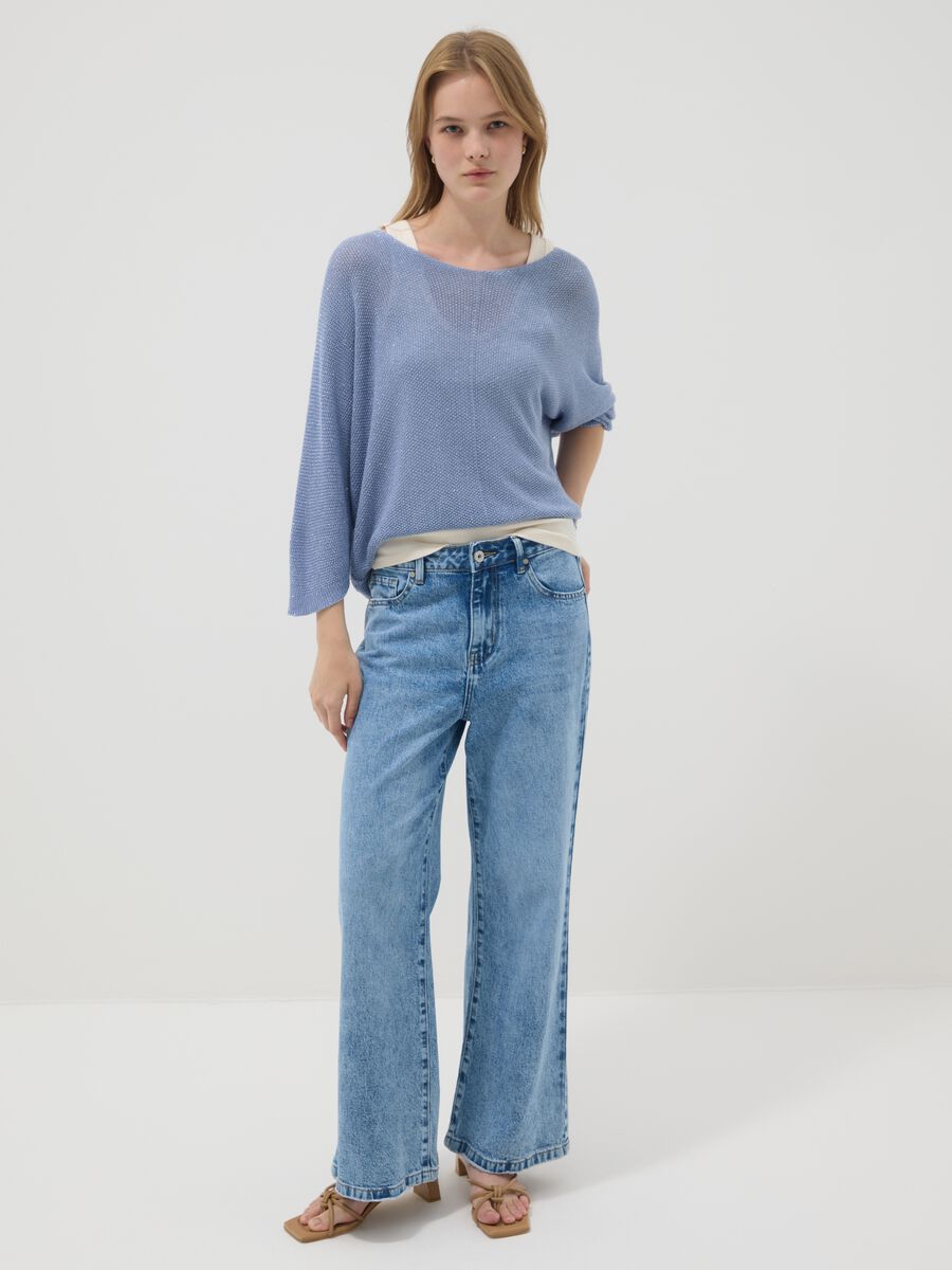 Light blue viscose and linen blend V-neck jumper_2