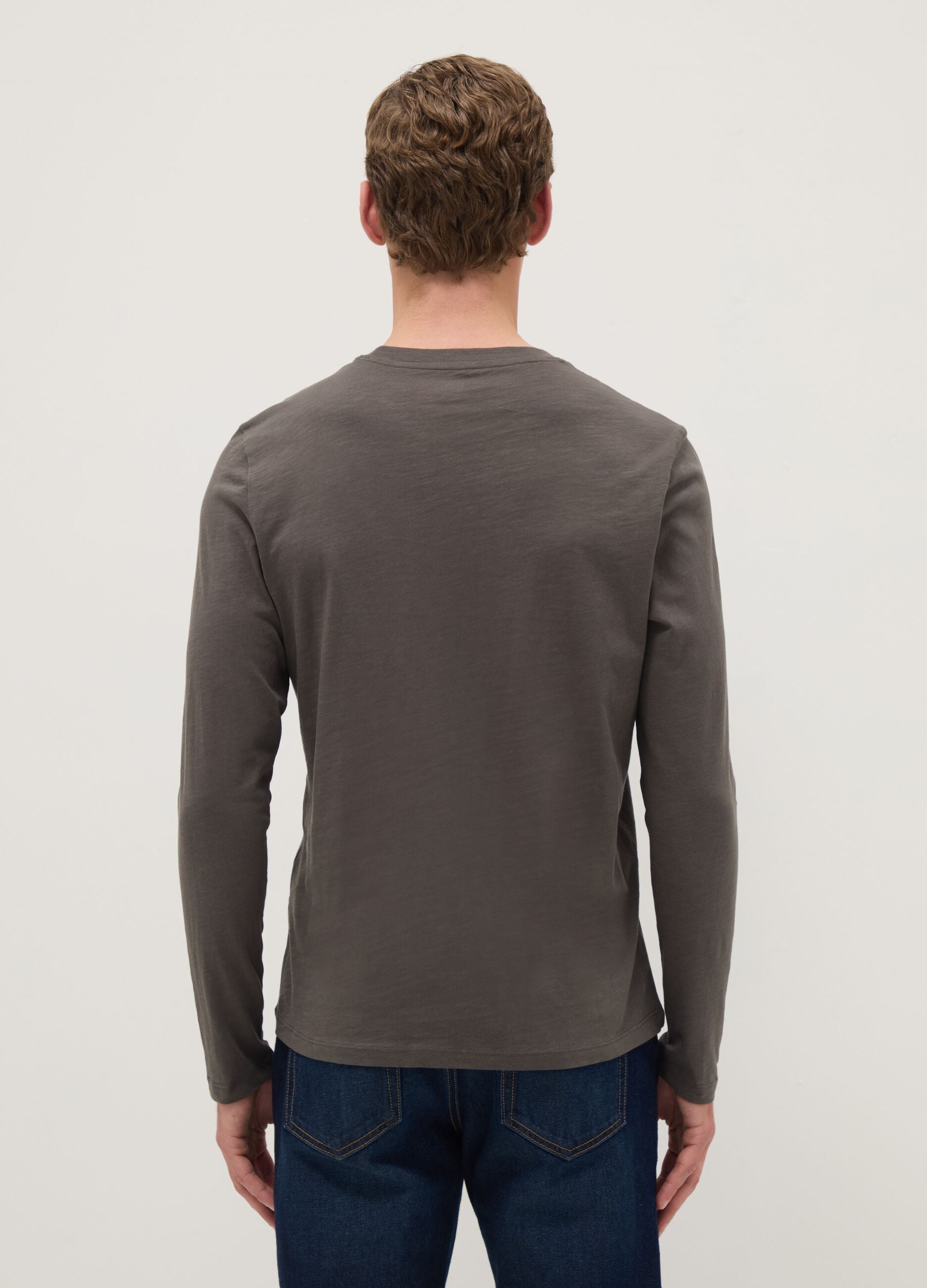 Grey long-sleeve pure cotton regular fit T-shirt
