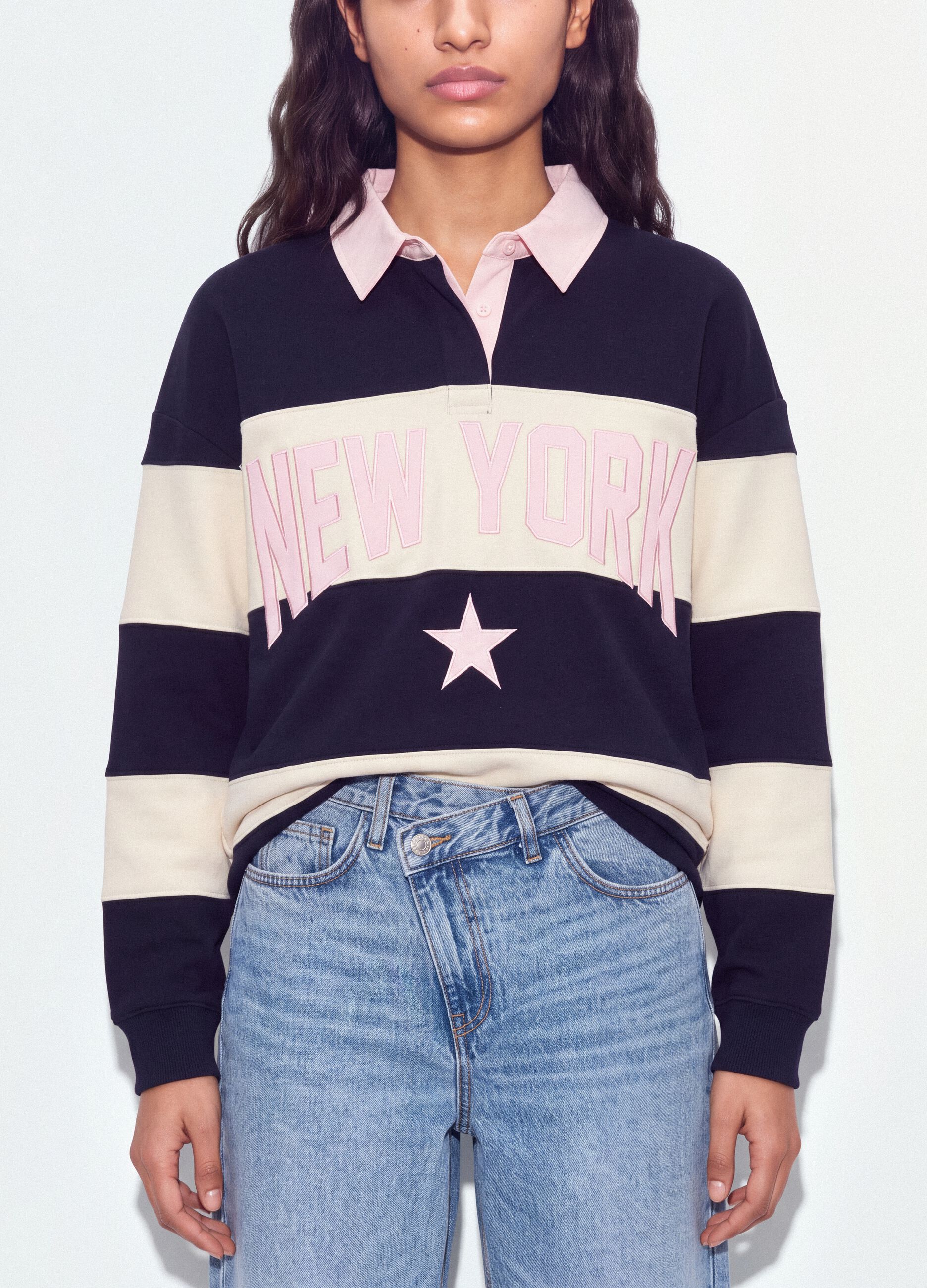 Blue striped cotton-blend sweatshirt with collar, relaxed fit