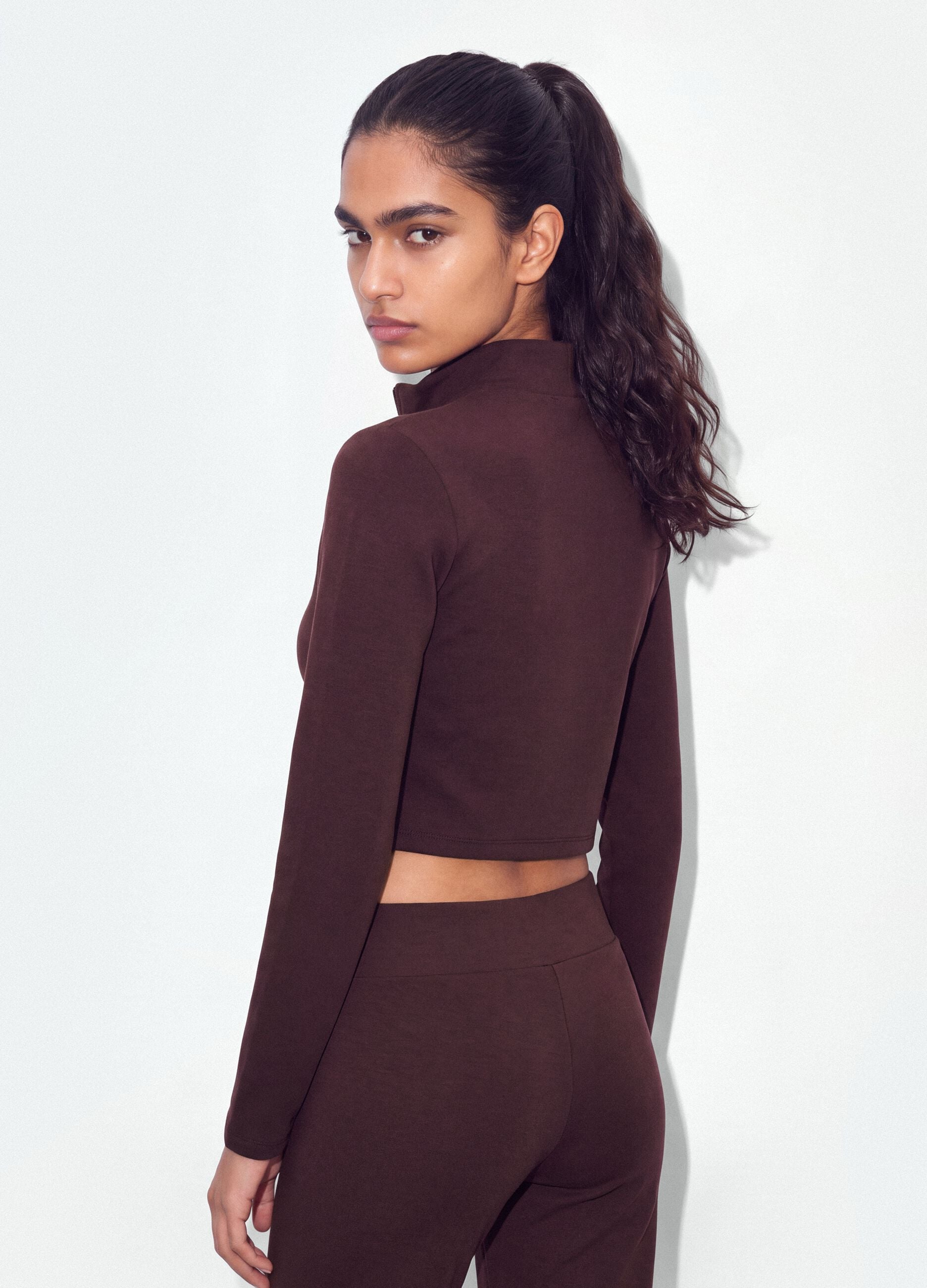 Purple fitted stretch-modal sweatshirt with high neck