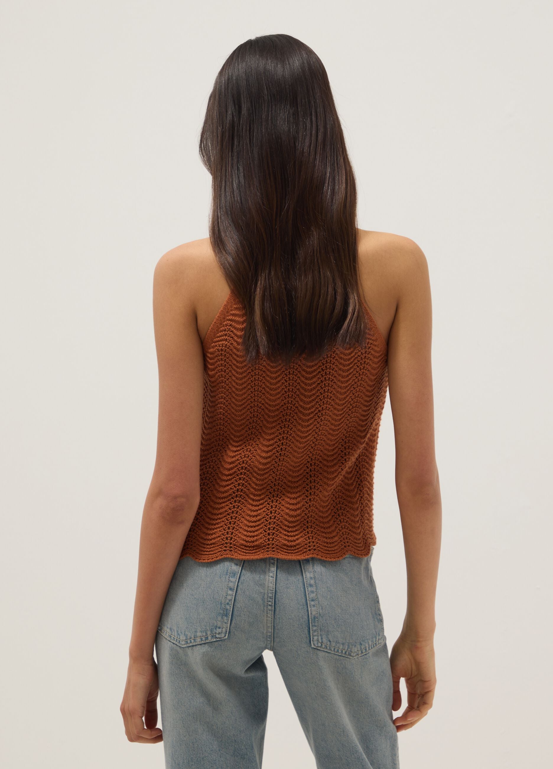 Regular fit orange pure cotton tank top with mesh texture