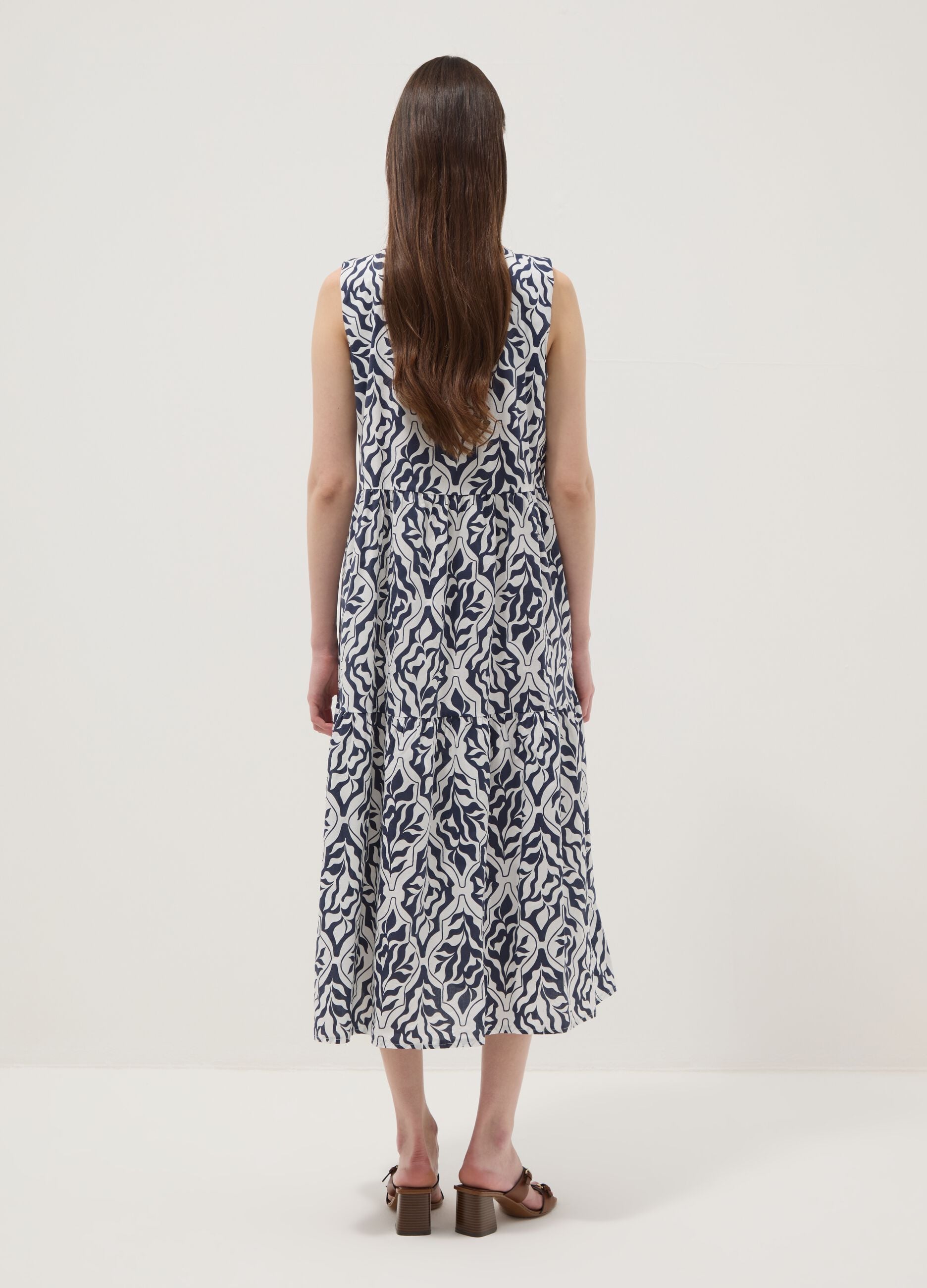 Blue stretch cotton midi dress with all-over print, regular fit