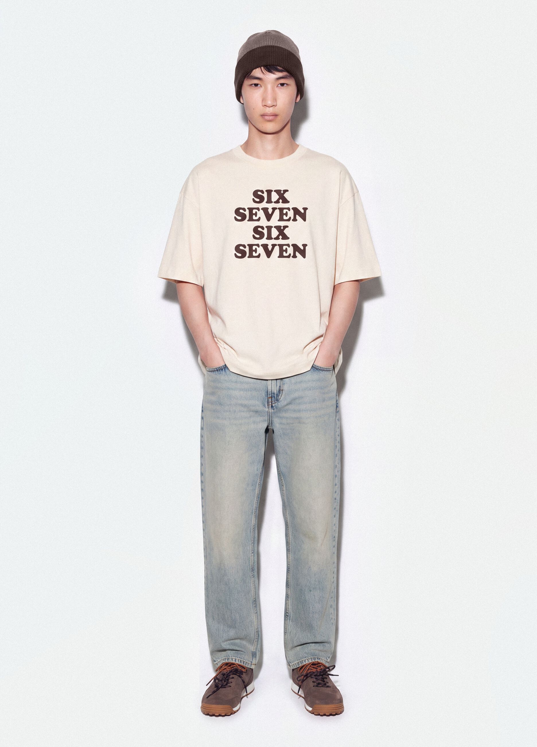 White pure cotton T-shirt with Six Seven front print, boxy fit