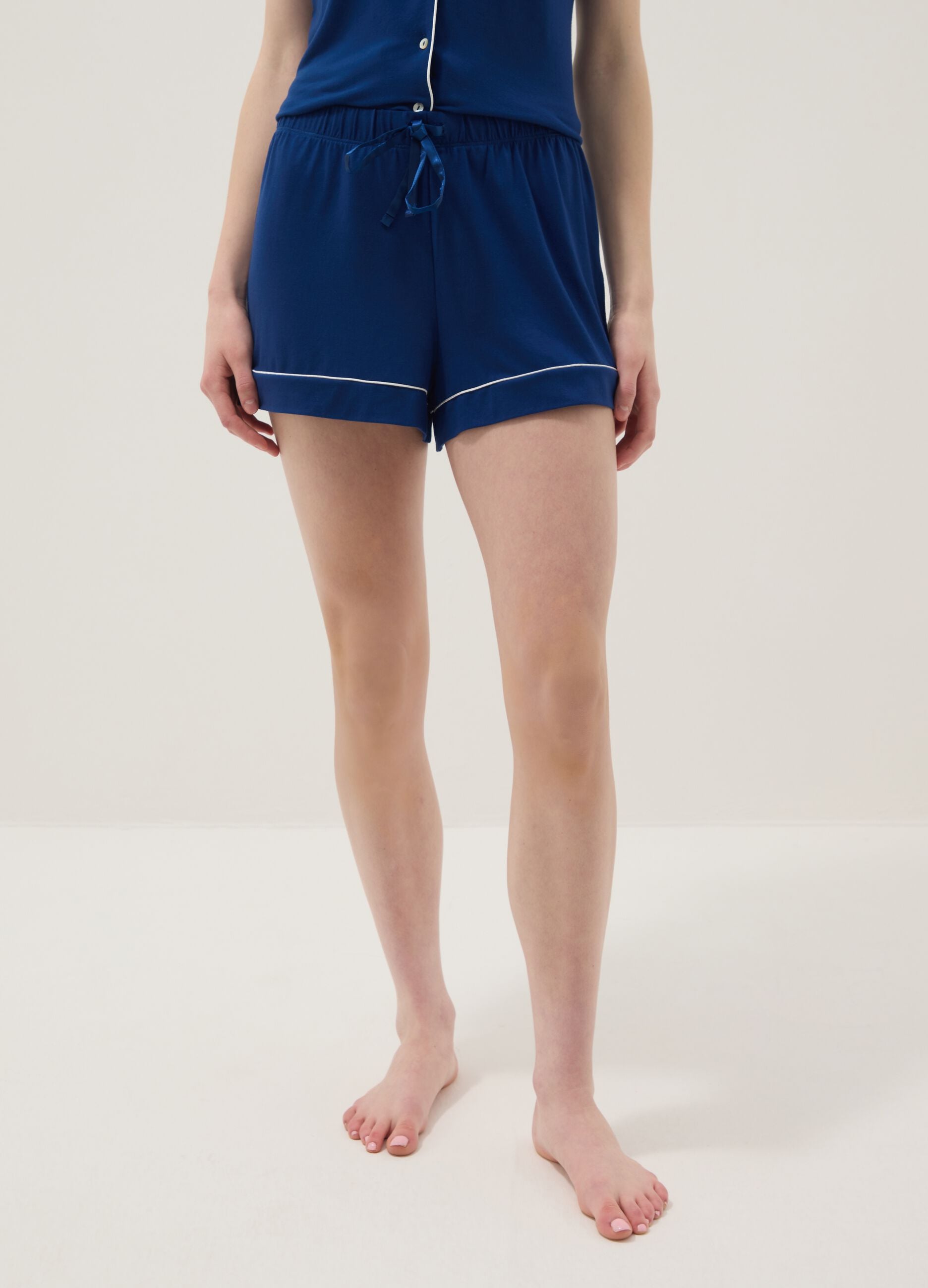 Regular fit blue stretch viscose blend pyjama shorts