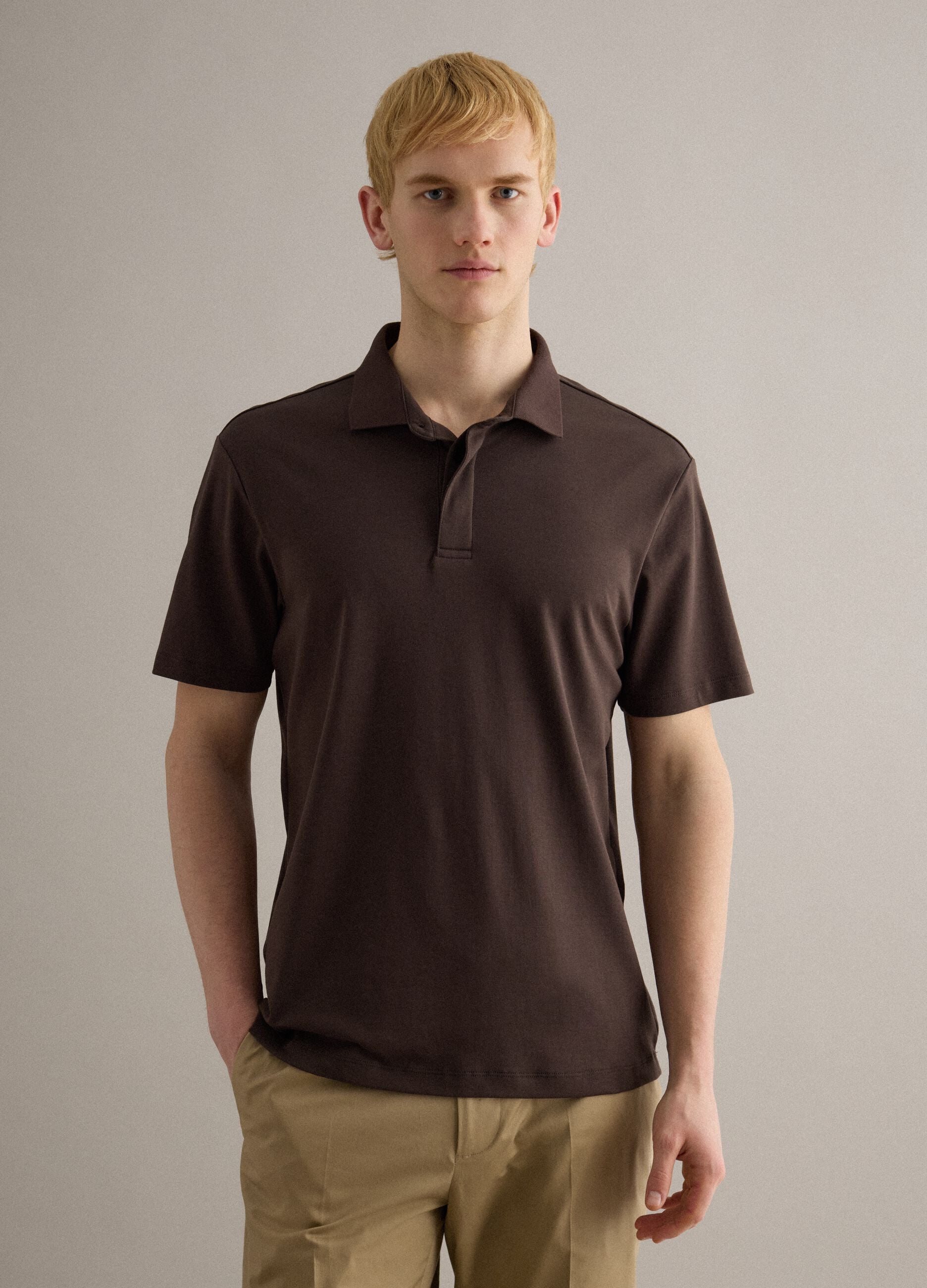 Brown mercerised pure cotton polo shirt, regular fit