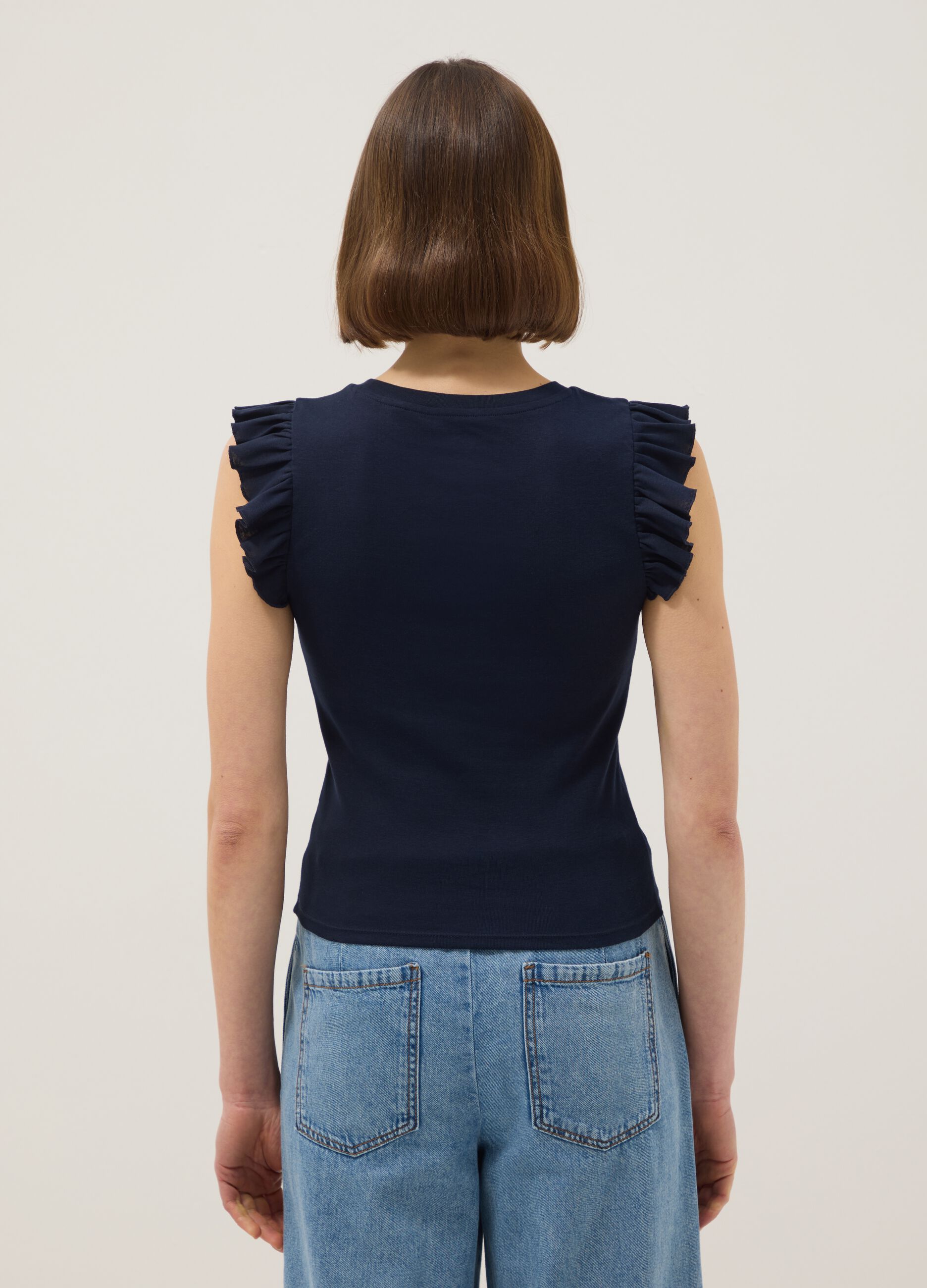 Slim fit blue pure cotton T-shirt with ruffles