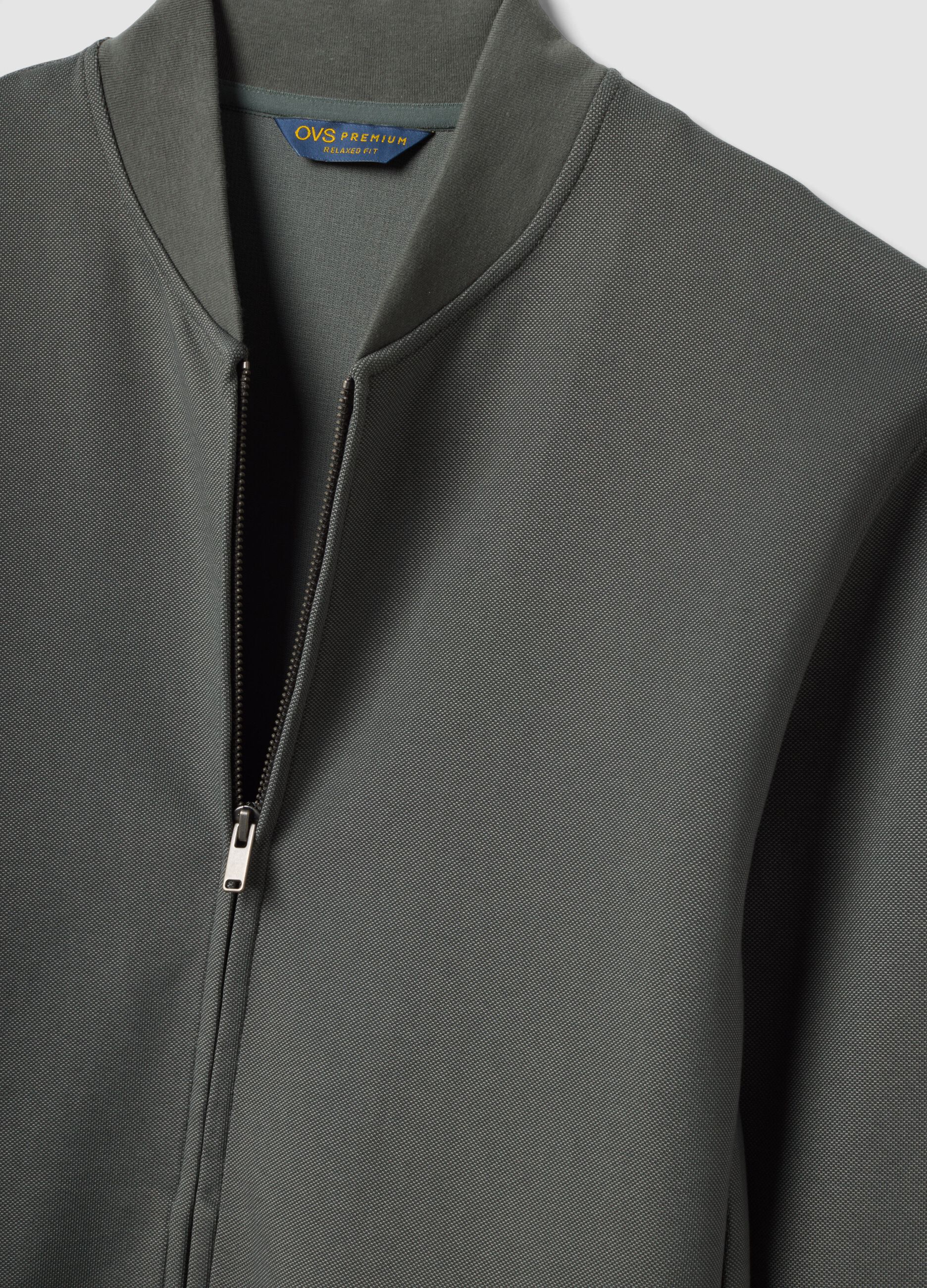 Grey full-zip piqu&eacute; sweatshirt in stretch fabric with ribbed collar